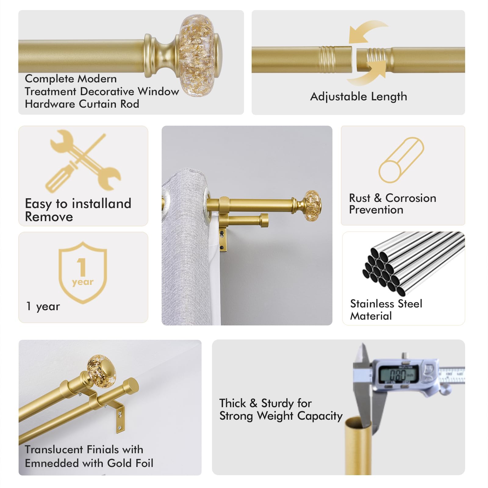 Gardinenstange Goldfarben – Verstellbar 76,2–139,7 Cm, Durchmesser 2,5 Cm, Mit Gedrehtem Käfig-Endstück, Für Schiebetüren & Fenster