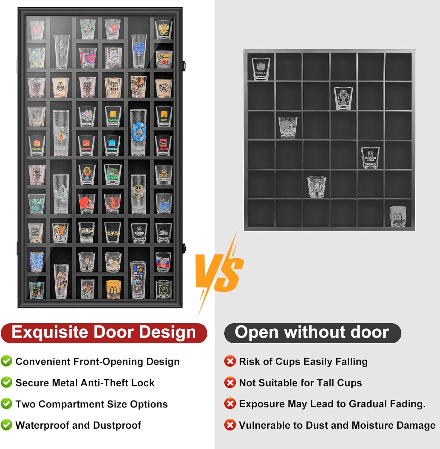 Mlikero Shot Glass Display Case, 52 Slots Shot Glass Holder Lockable Wall Mounted Shadow Box with UV Protection Acrylic Glass Shot Glass Door Storage Case for Multiple Shot Glasses