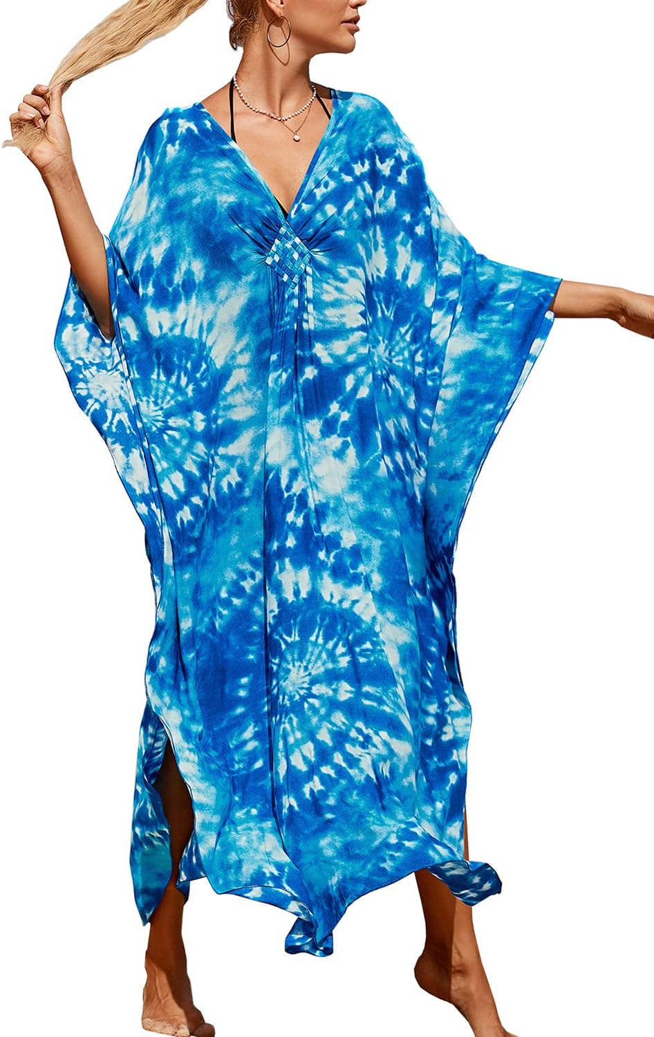 L-Peach Lange kaftan nachthemd voor dames, loungewear, strandjurk, bedekking, sarong, pareo, meerkleurig wit groen 2, One size