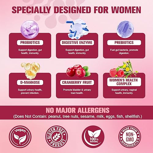 Miniatura 4 de Totaria Probióticos para mujeres, 120 mil millones de mujeres probióticos, enzimas digestivas y prebióticos, con Akkermansia, arándano, D-manosa,