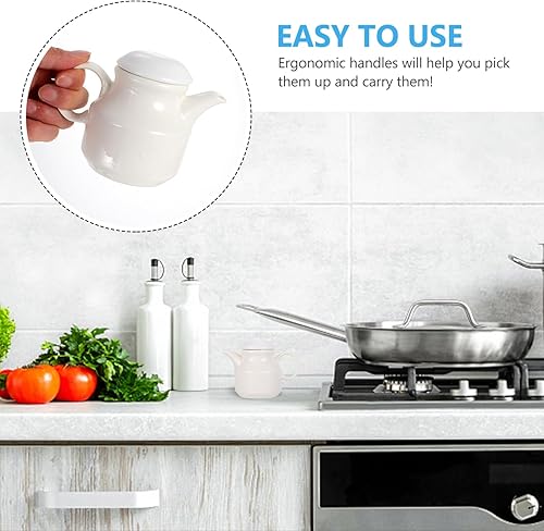 Miniatura 9 de DOITOOL Dispensador de vinagre de porcelana para salsa, jarra de cerámica con tapa, plato vertedor de salsa blanca, jarra de crema de café, jarra de