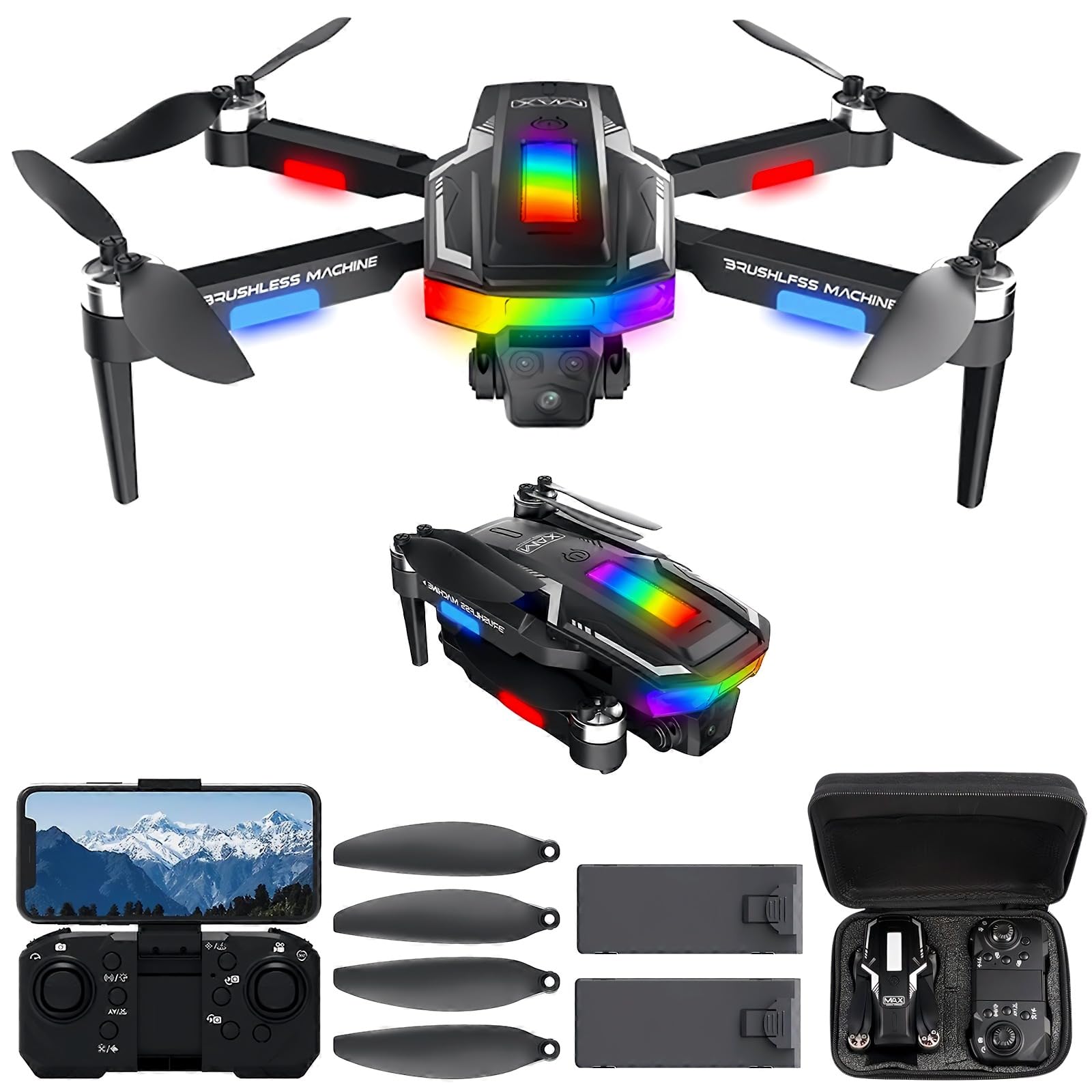 Dron Plegable Sin Escobillas para Principiantes, FPV Wi-Fi Drone con Cámara HD 1080P, 3D Flip, Sensor de Gravedad, Fácil Despegue/Atterrizaje, Follow Me, Foto Gestual, Doble Cámara, 2 Baterías