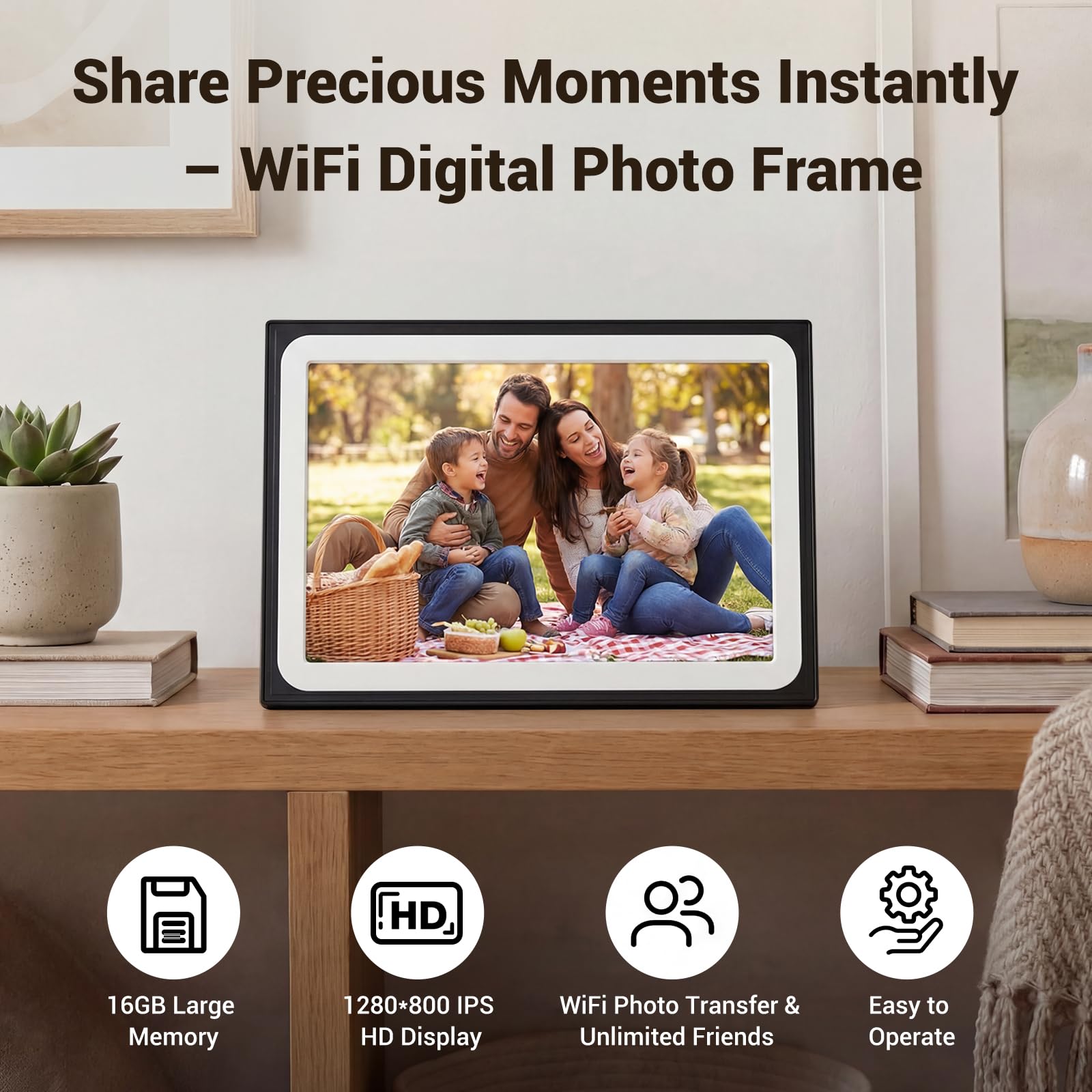 Marco de fotos digital de 10.1 pulgadas, pantalla táctil HD, marco de fotos digital habilitado para WiFi, almacenamiento de 16 GB, rotación automática, uso compartido instantáneo a través de