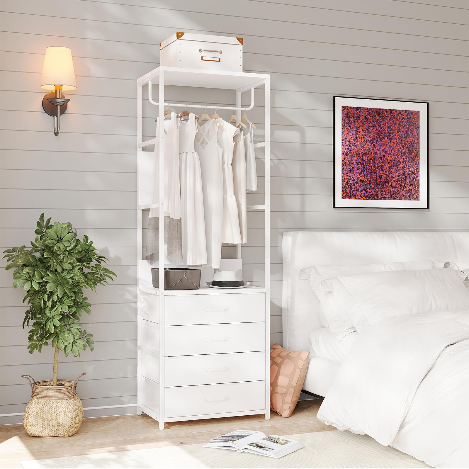 VOWNER Appendiabiti da Terra, Mobile Ingresso con Panca, 4 in 1, Attaccapanni con Barra e 4 Cassetti, Stand Appendiabiti in Struttura in Metallo, per Camera da Letto, 60 x 180 x 40 cm, Bianco