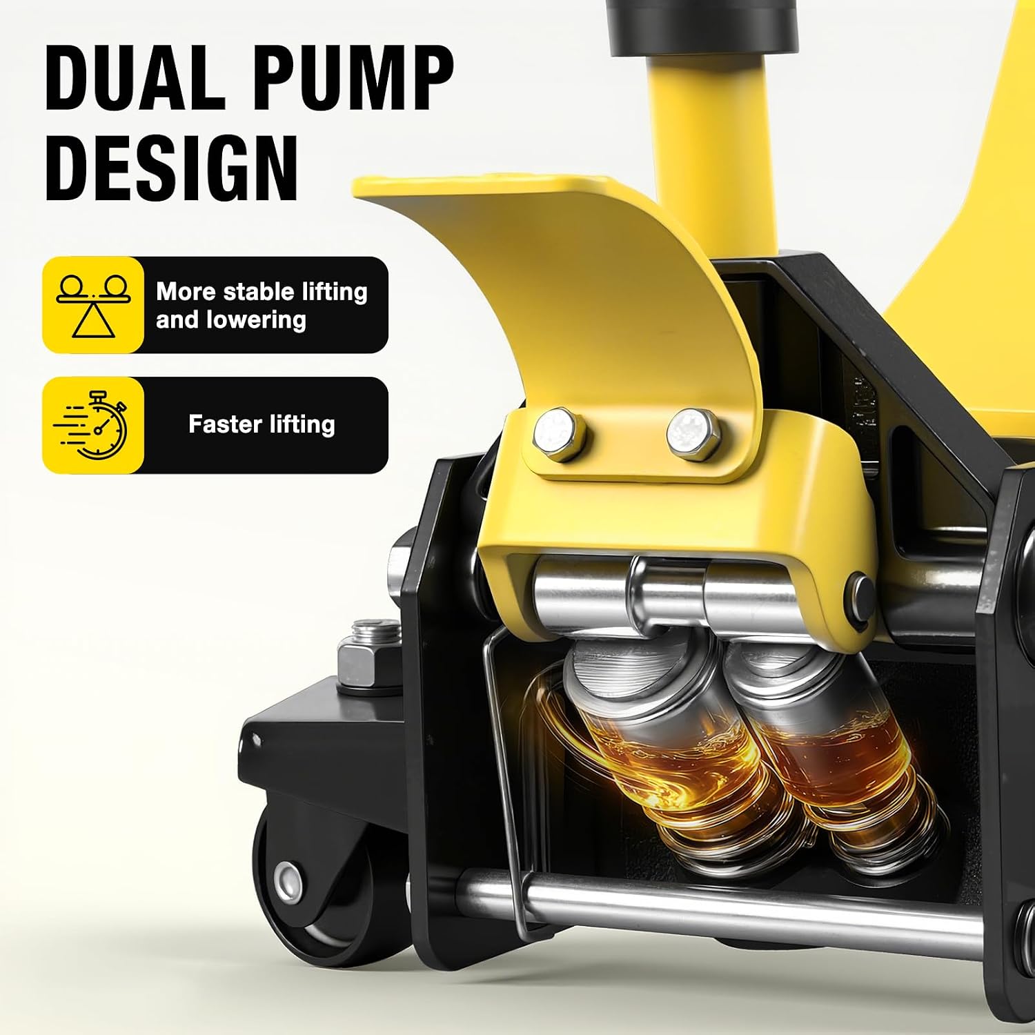 Close-up of the dual pump design of the floor jack