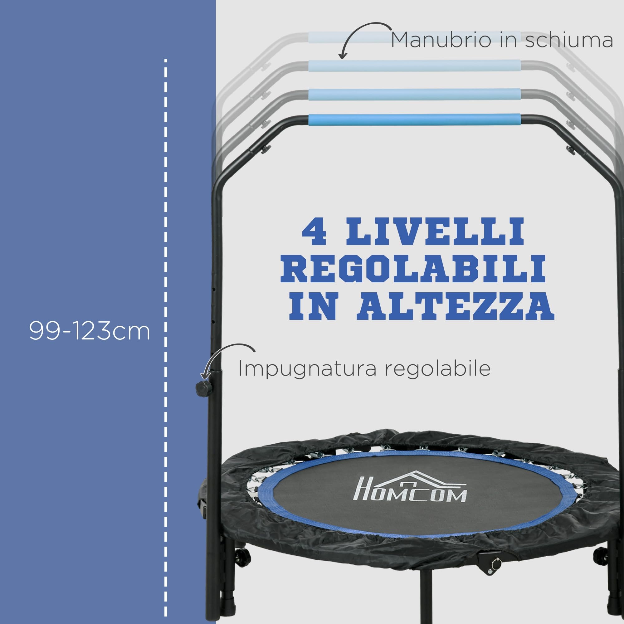 HOMCOM Trampolino Elastico per Adulti Ø102/114cm Pieghevole con Maniglia Regolabile, Tappeto Elastico a Molle Bunge, in Acciaio e PP