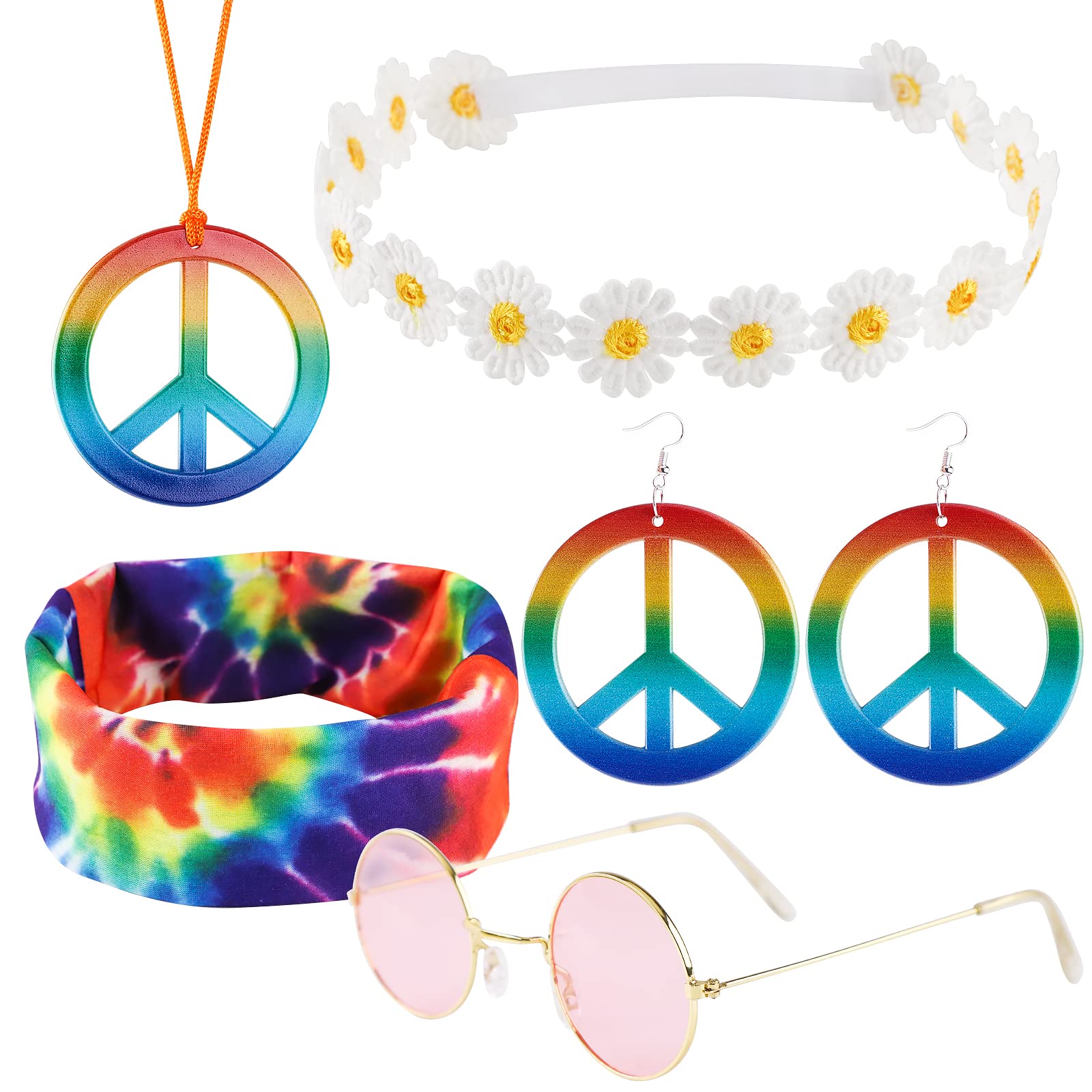 Nezyo 4 Stück Hippie Kostüm Set - Rundbrille, Peace-Zeichen