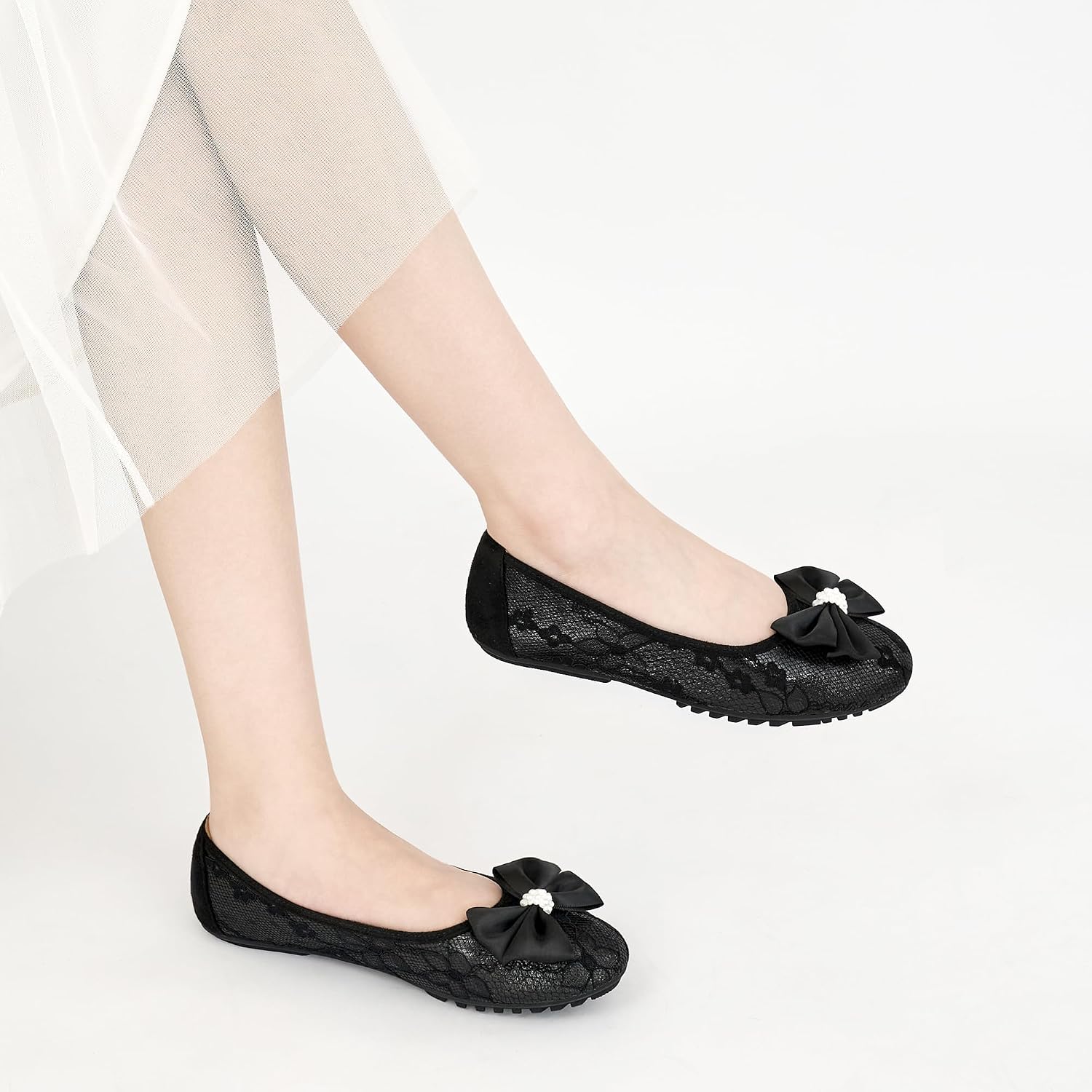 HARENCE Ballet Flats for Women Dressy: Comfortable Round Toe Bow Lace Mesh Wedding Flat Casual Slip On Walking Work Dress Shoes