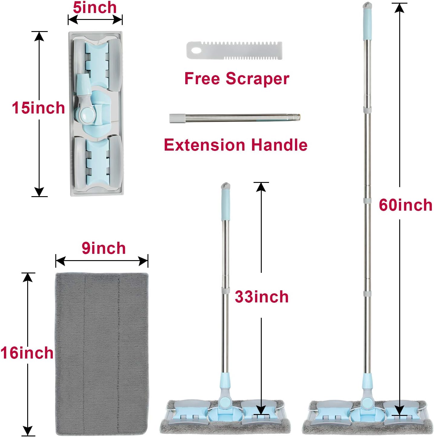 INNOVSIGN Professional Microfiber Hardwood Floor Mop, Dry & Wet Flat Cleaning Mop, Adjustable Stainless Steel Handle with 5 Reusable Mop Pads, for Home/Office Floor Cleaning (Blue) : Health & Household