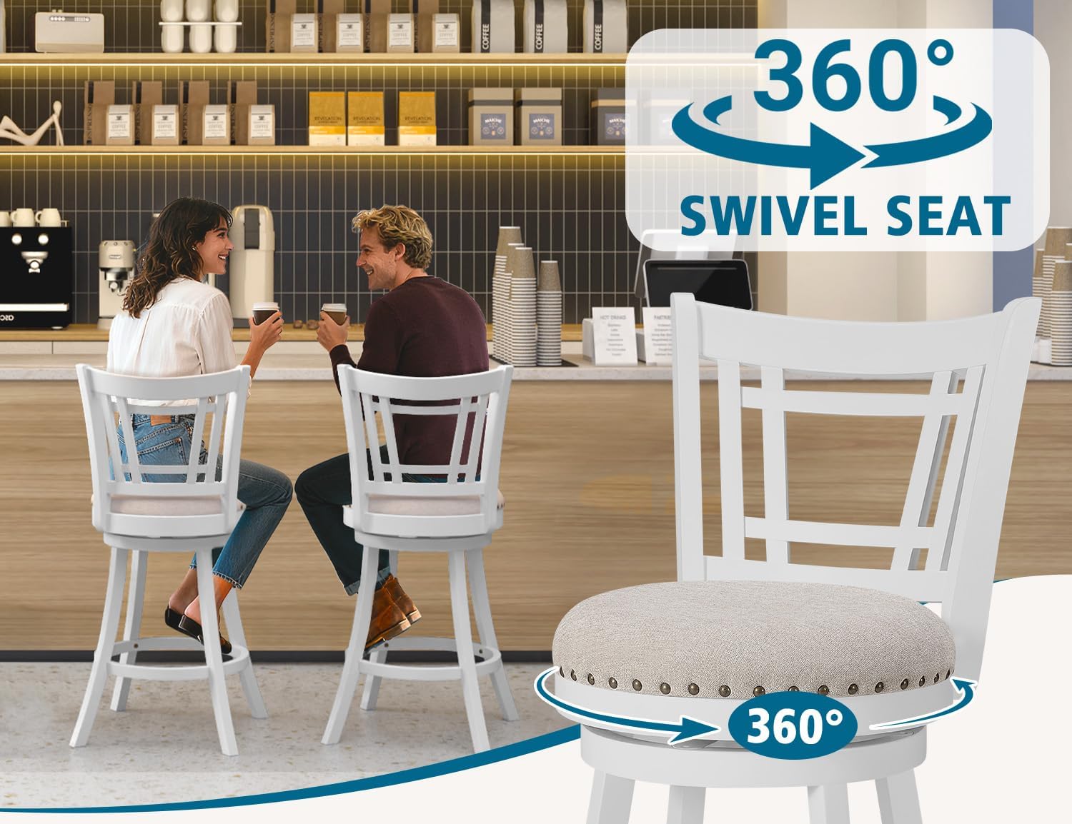 PrimeZone Swivel Bar Stools Set of 6-24" Counter Height Barstools with Backs, Upholstered Bar Stool with Solid Wood Footrest & Nailhead Trim, Modern Counter Stools for Kitchen Island & Pub, White