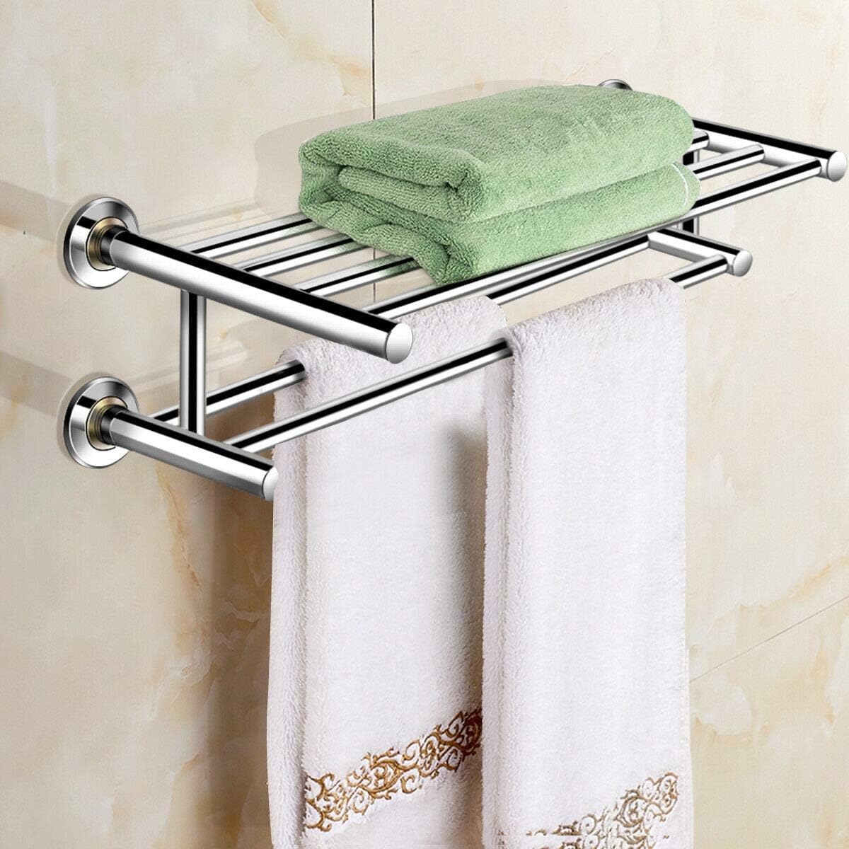 Towel Rack Bar, Wall Mounted Stainless Steel Metal Towel Bar, Bathroom Shelf Double Towel Bar Holder, Organizer Towel Shelf Holder Storage Rail for Bathroom 24''