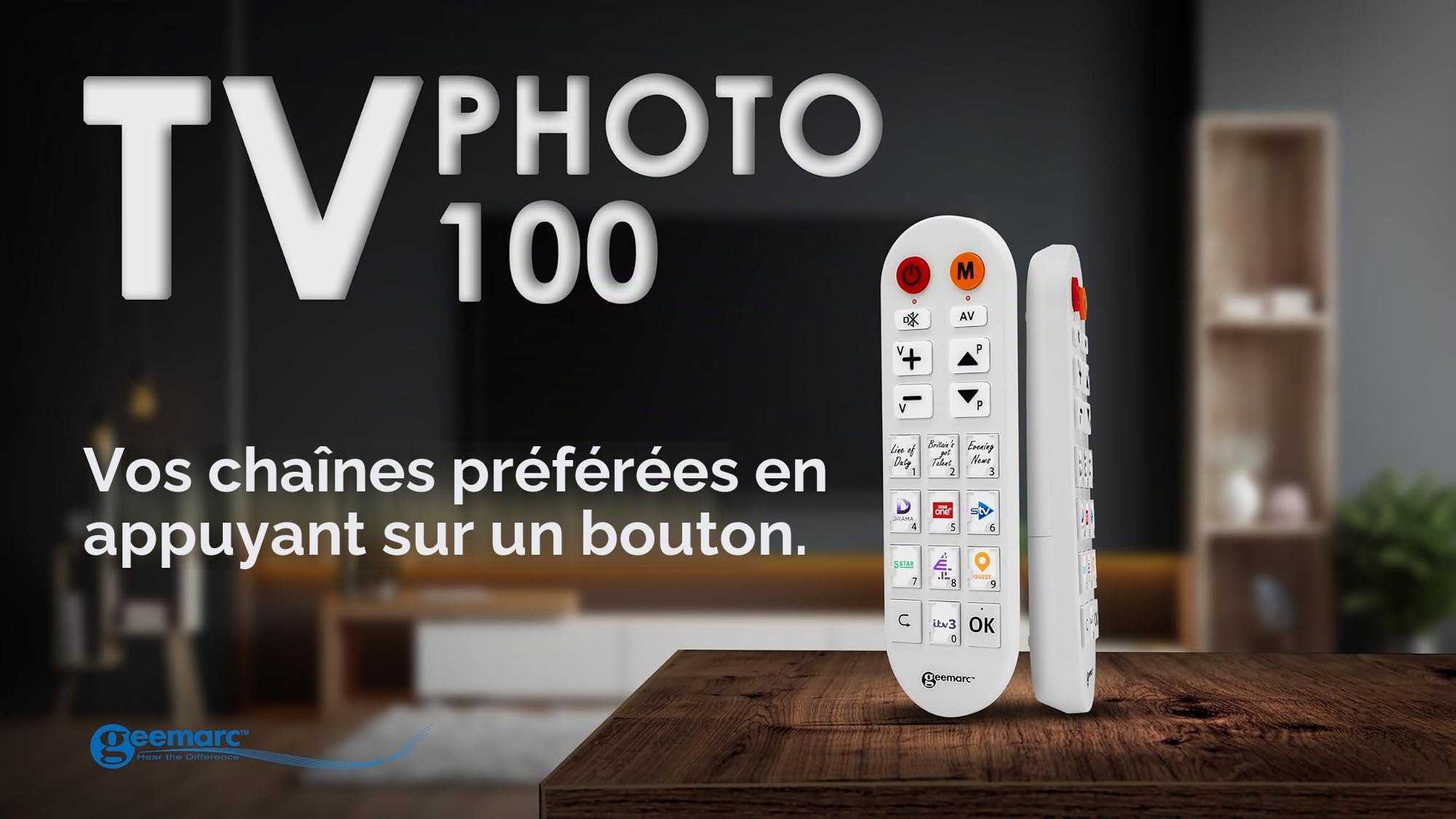 Geemarc TV Photo100 - Télécommande Universelle Équipée de 10 Touches Mémoire Photo Personnalisables - Ordinateur Requis pour l’Initialisation - Fonctionne en Infrarouge