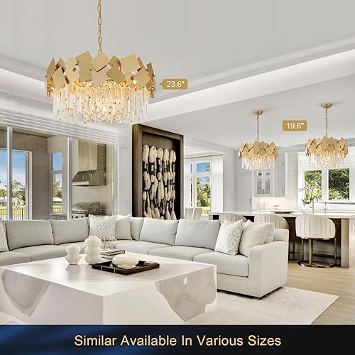 Miniatura 9 de Candelabro moderno de cristal dorado de 24 pulgadas para comedor, lámpara colgante de techo de 9 luces, lámpara colgante de techo K9 de cristal de