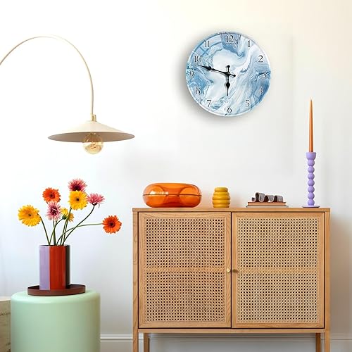 Miniatura 8 de Britimes Reloj de pared redondo, silencioso, sin tictac, funciona con pilas, reloj de cristal impermeable para exteriores, 12 pulgadas, mármol azul,