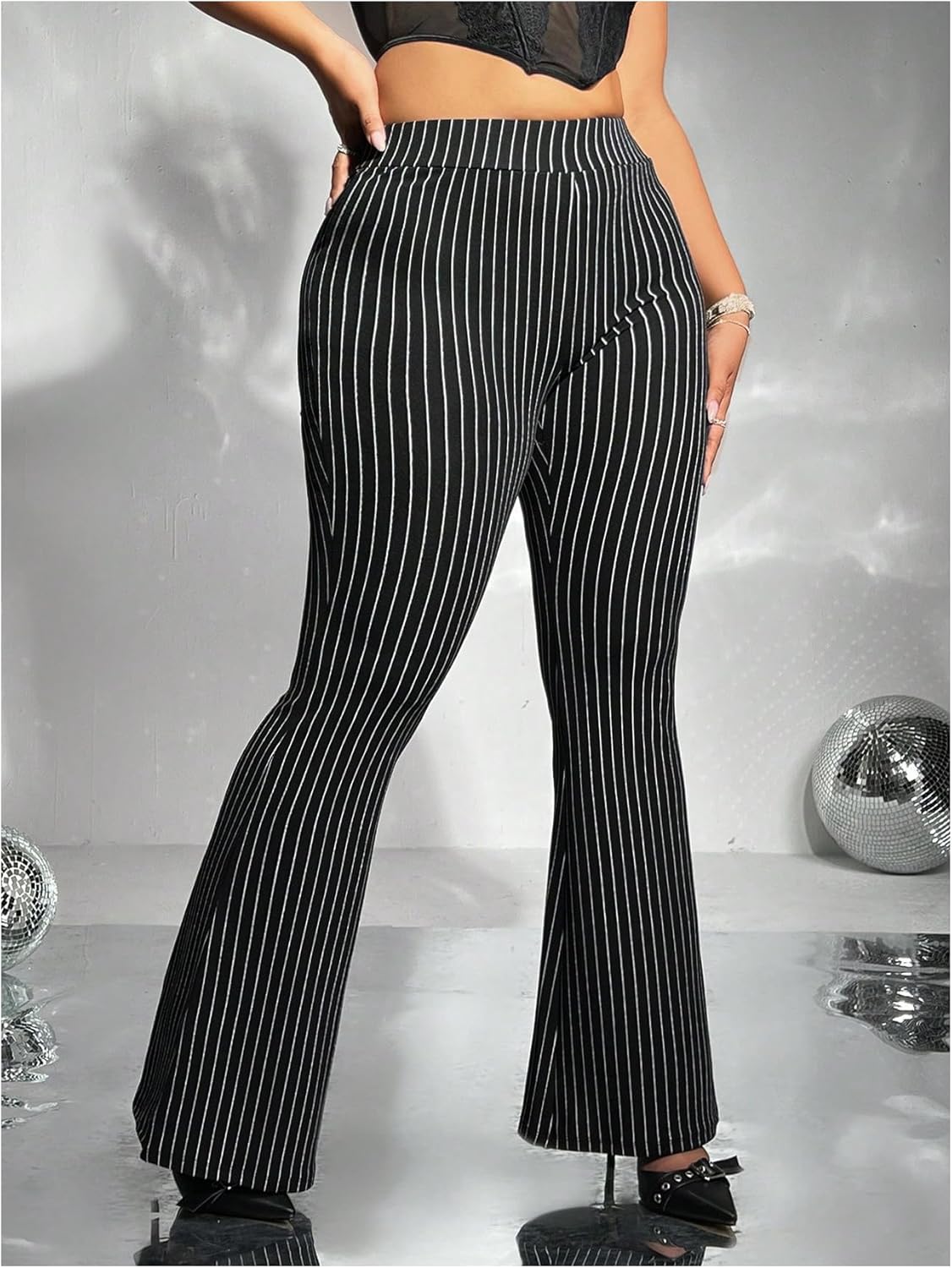 Floerns Women's Plus Size Striped Bell Bottom Pants Business Casual High Waist Flare Pants - Image 2