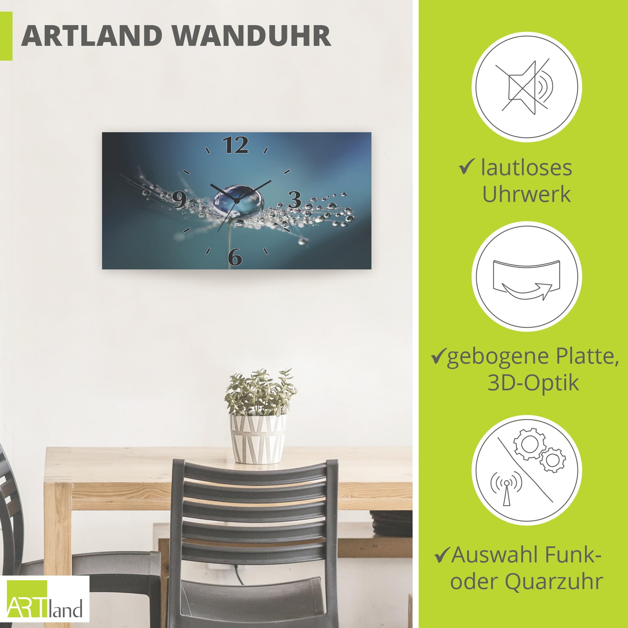 ARTLAND Wanddeko Wanduhr ohne Tickgeräusche Alu Funkuhr lautlos 60x30 cm Rechteckig Blumen Pusteblume Wassertropfen Modern U1TB