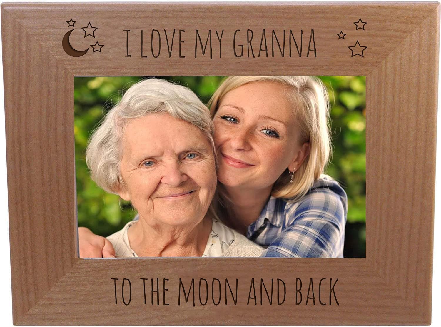 CustomGiftsNow I Love My Granna to The Moon and Back - Engraved Natural Alder Wood Hanging/Tabletop Picture Memory Family Memorial Photo Real Wooden Frame