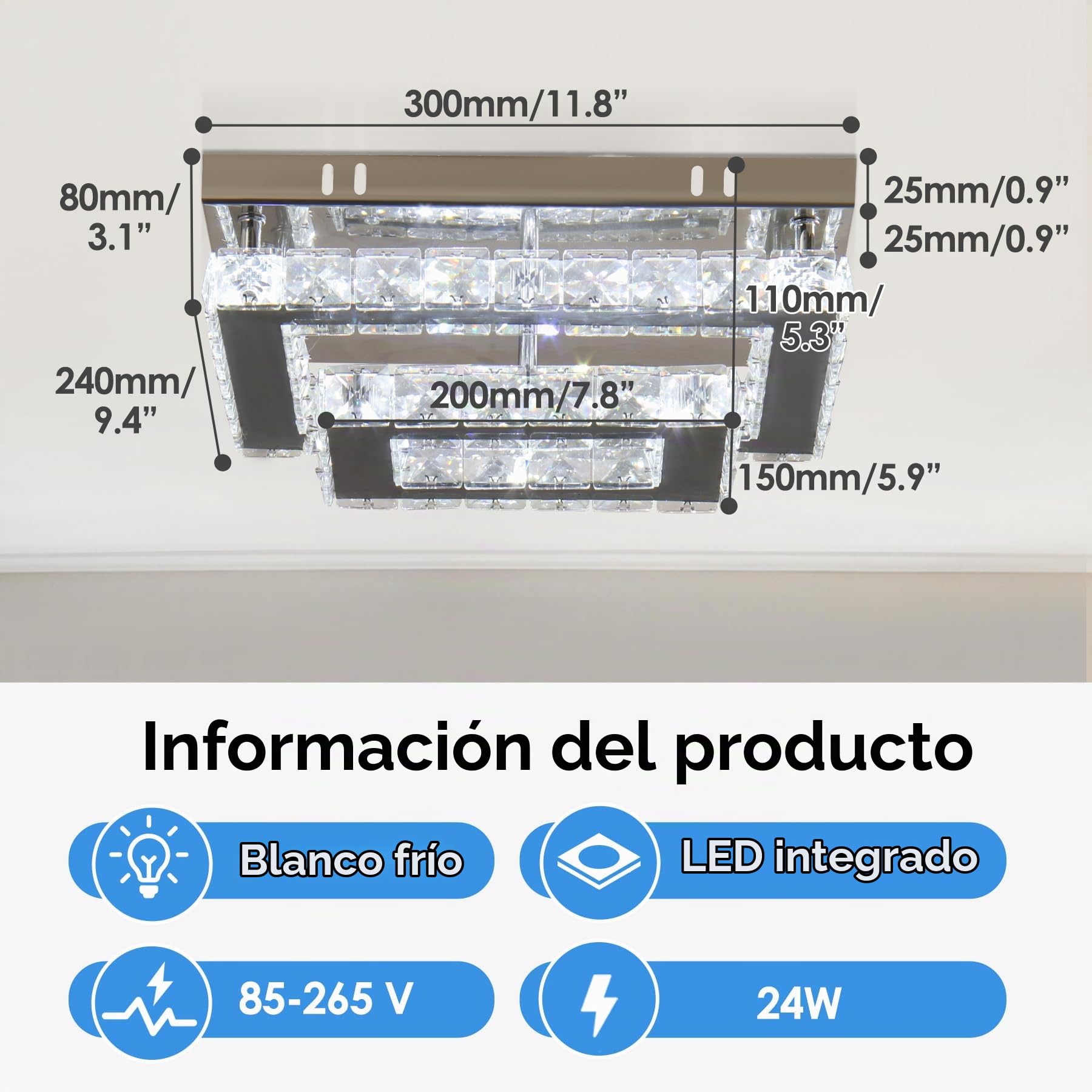 Finktonglan Plafón LED de cristal K9 rectangular 30×23×11 cm, 24 W 6500 K (blanco frío), semiempotrado de acero inoxidable para salón, dormitorio y comedor