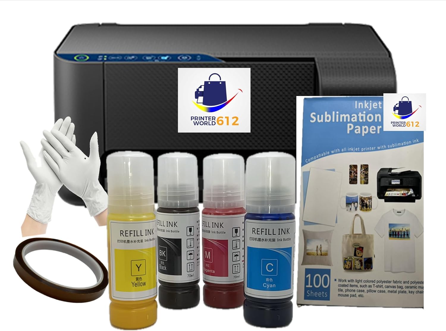 Cartridge-Free Super-Tank Printer with Sublimation Sublimation Heat Transfer Image Printing for T-Shirts Ceramic Mugs Bags and More.