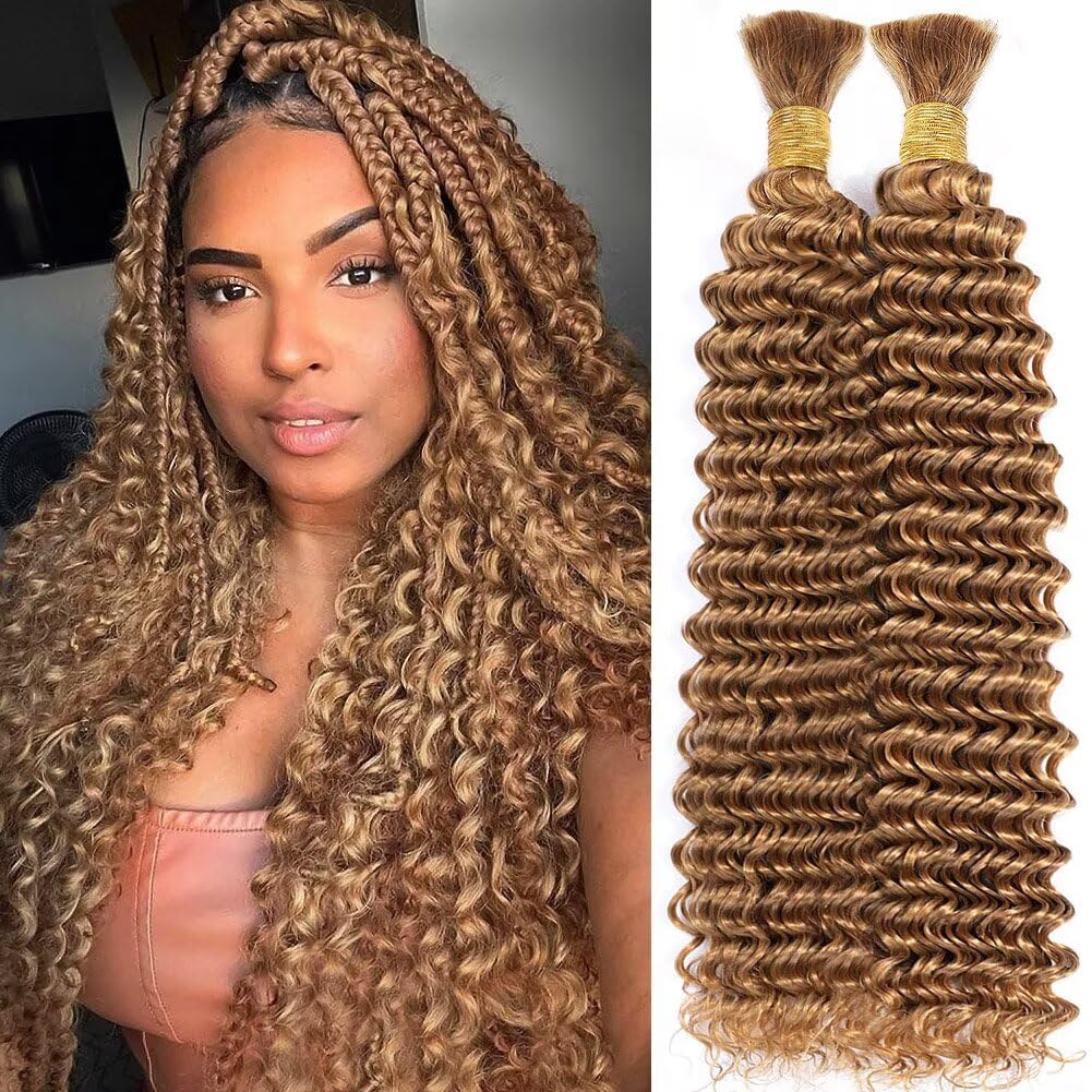 Human Braiding Hair for Boho Braids 100g 16 Inch Honey Blonde Curly Boho Hair for Braiding Knotless 12A Deep Wave Bulk Bohemian 2 Bundles/Pack Color