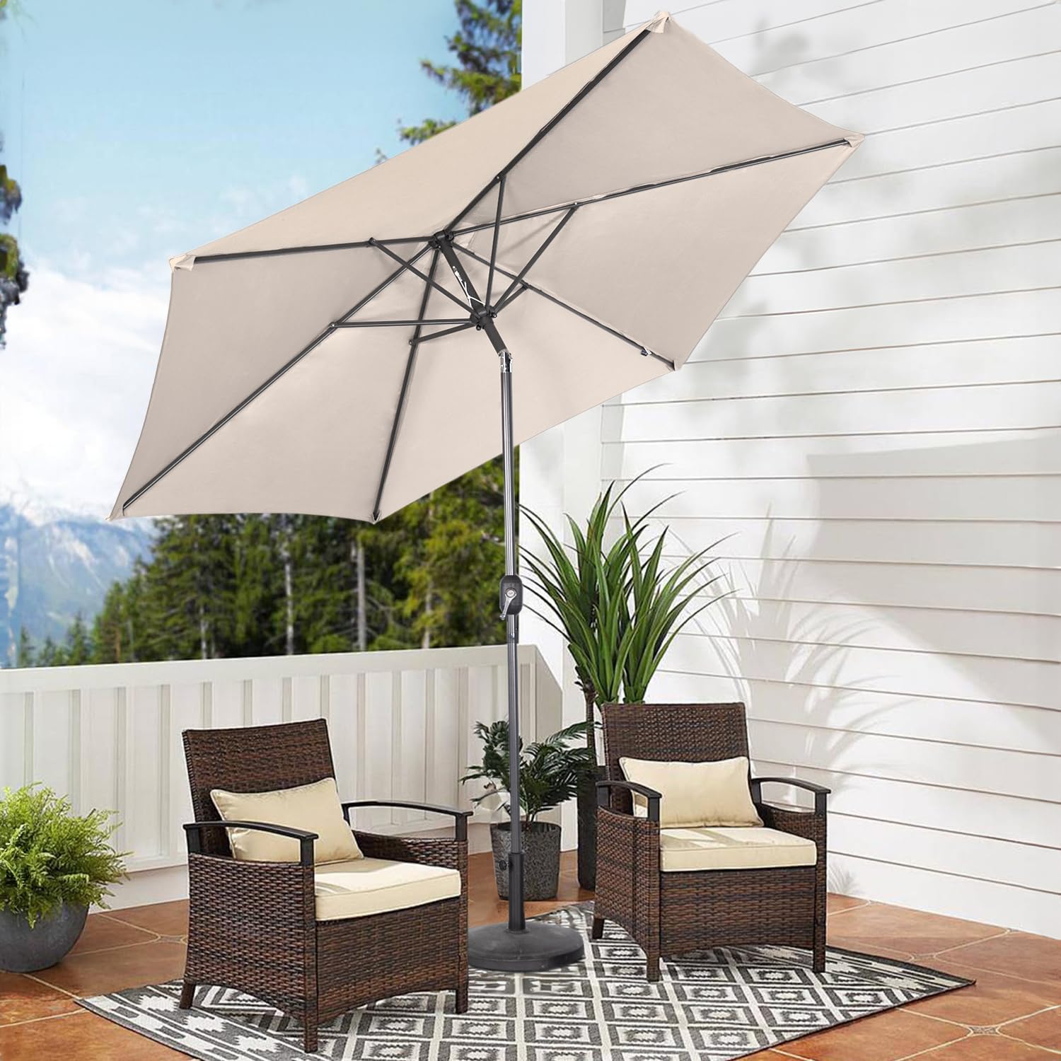 Angel Living 300cm Parasol de Acero con Inclinación, con Manivela, Sombrilla con Mástil de Acero de 38mm para Patio Terraza Playa (Beige Claro)