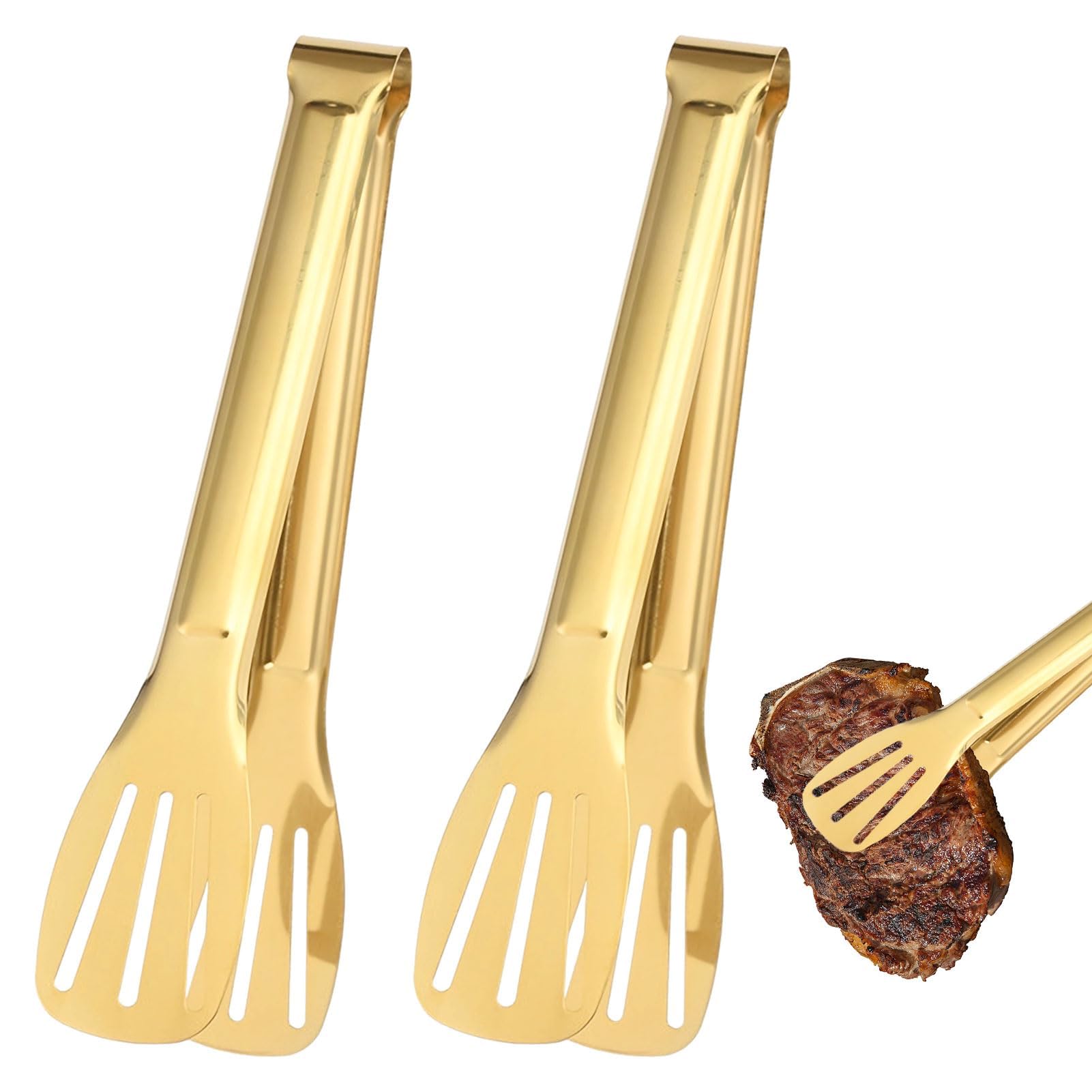 2 PCS Kitchen Tongs,9 Inch Stainless Steel Tongs Set,Gold Kitchen Cooking Tongs,Serving Tongs for BBQ, Pasta, Salad, Cake, Candy Party, Birthday, Wedding