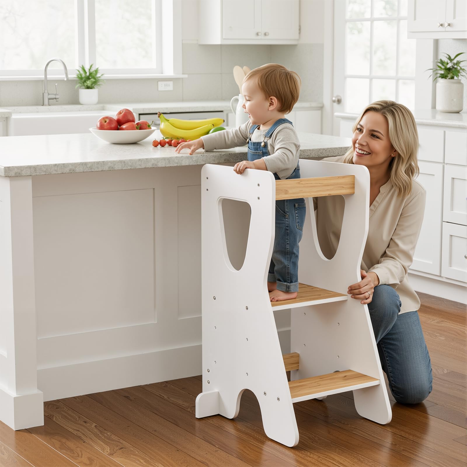 COSYLAND Torre Montessoriana Bambini Legno Naturale 3 Altezze Regolabili Bianco e Naturale