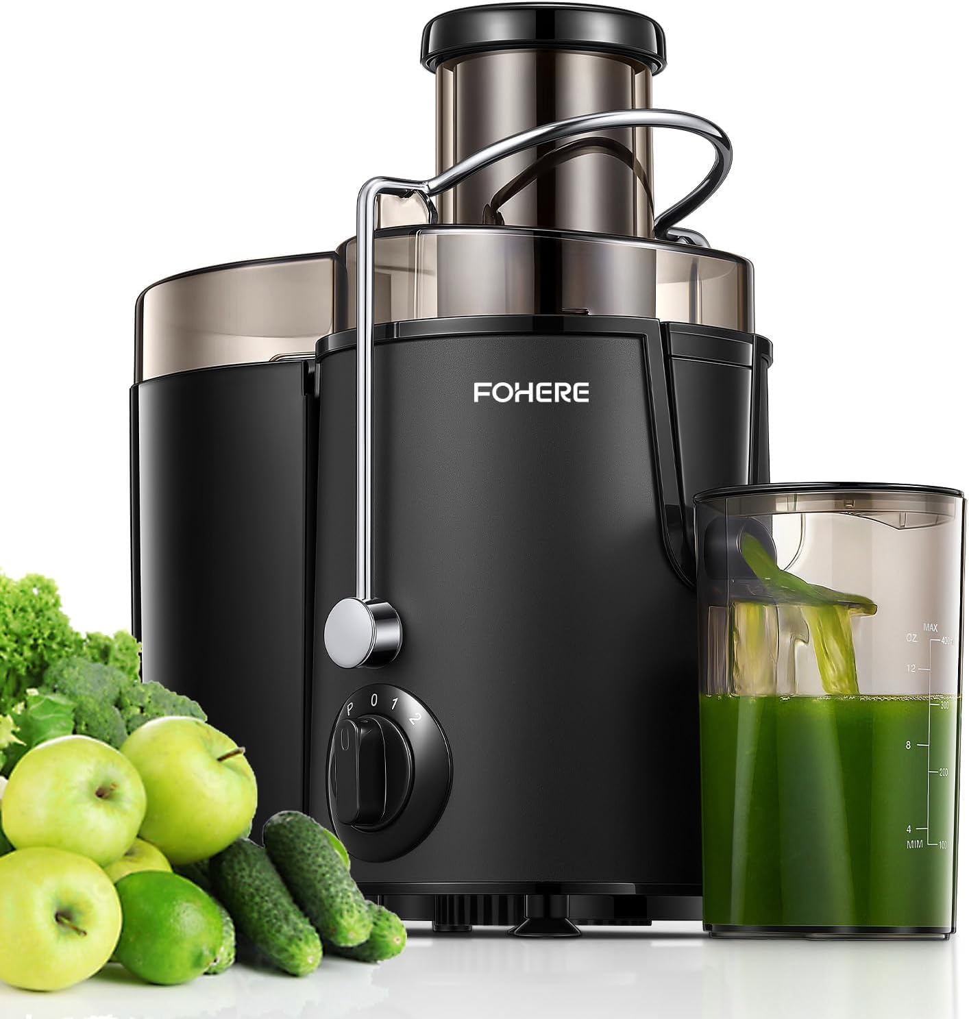 FOHERE Entsafter für Obst und Gemüse in Edelstahl, Extraktor 400W Zentrifugaler 65 MM Einfüllöffnung und 3 Geschwindigkeiten, Anti-Tropf-Funktion und Überhitzungsschutz, Schwarz