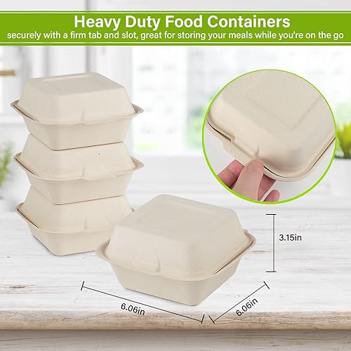 Miniatura 6 de greensight Contenedor compostable para llevar de 6 x 6 pulgadas, paquete de 50 cajas de alimentos desechables para llevar, contenedor de alimentos