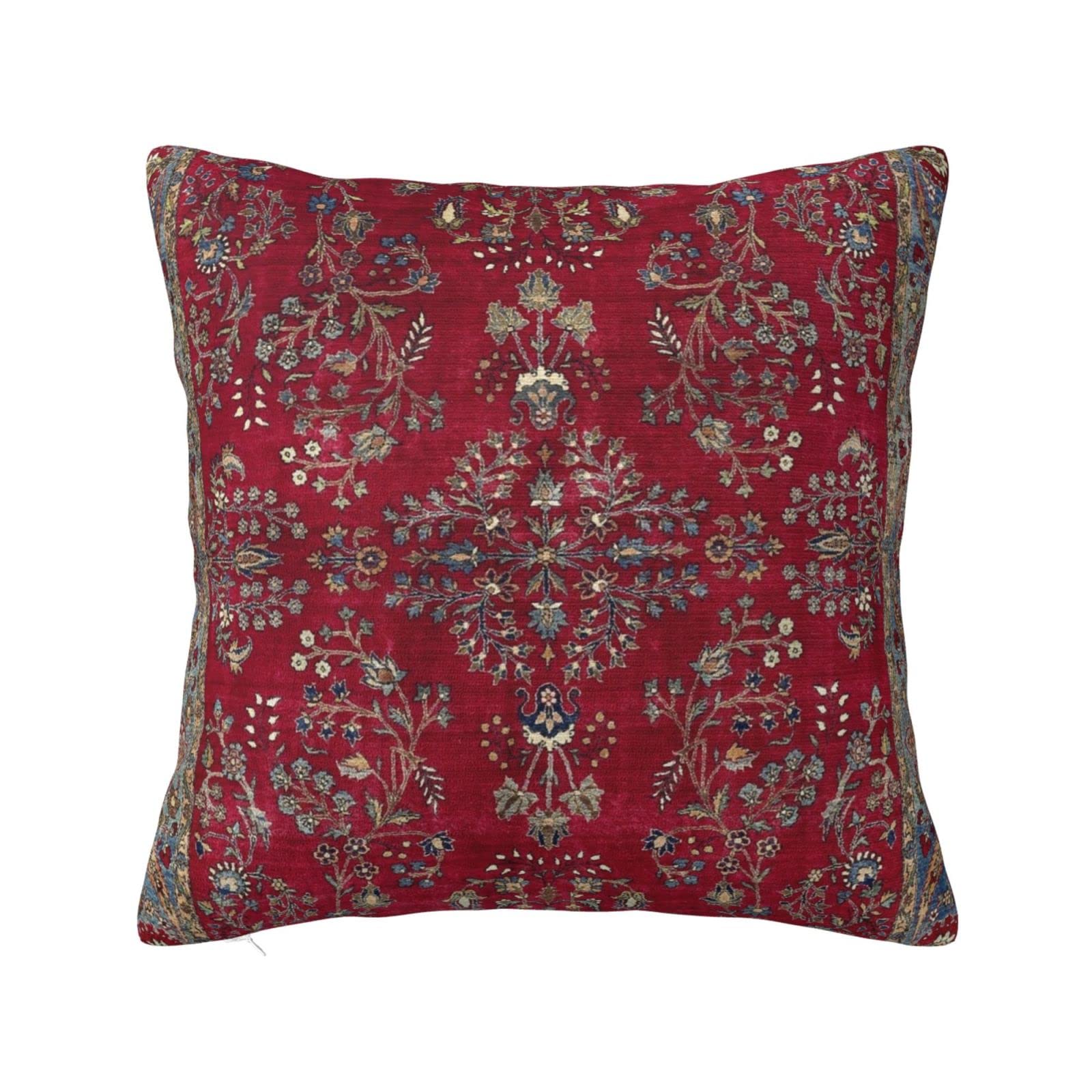 Central Red Persian Silk Rug Print Throw Pillow Cover Square Pillowcase Soft Pillow Case Home Decor for Living Room Couch Sofa Car Cushion Cover 18"X 18"