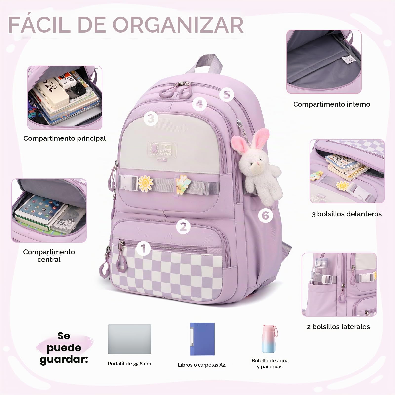 Amythe Mochila Escolar con 6 Ruedas para Niñas con Colgante, Morado | Mochilas con Carro para Chicas de Primaria y Secundaria, Mochila Colegio con Ruedas para Adolescentes, Vuelta al cole