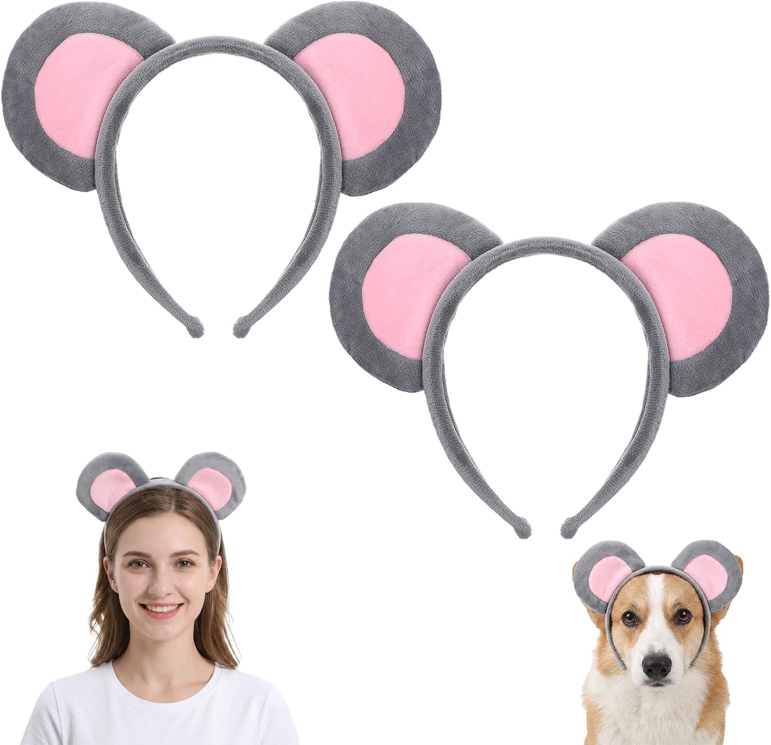 Tyqour 2 PCS Mouse Ears Headband, Grey Fuzzy Animal Ears Headband for Women Adults, Animal Headwear Plush Hairband for Halloween Festival Christmas Cosplay Costume Party Favors Supplies