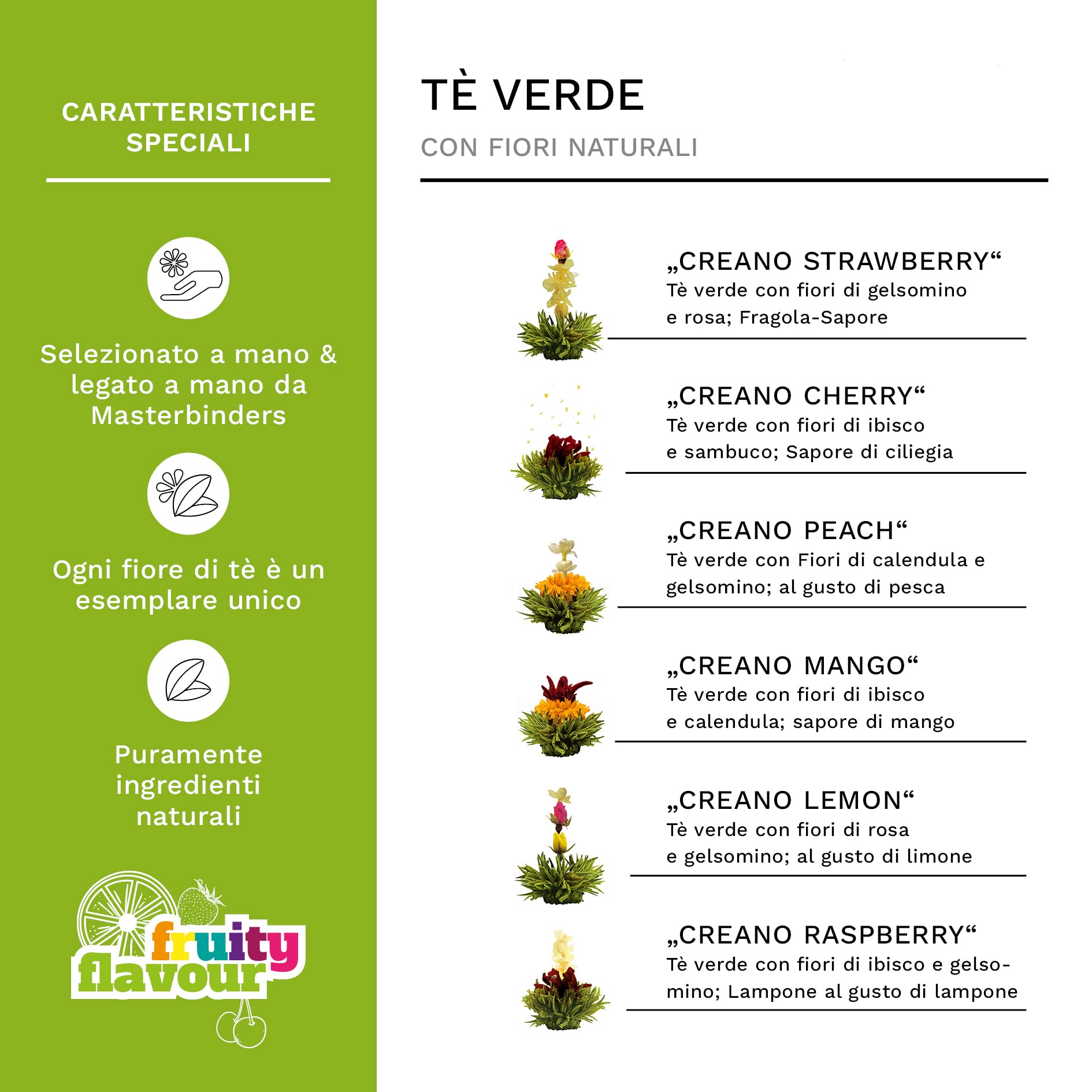 Creano Set Regalo Fiori di Tè – Miscela di 6 Tè Verdi con Fiori in Elegante Scatola di Legno + Teiera in Vetro 500ml
