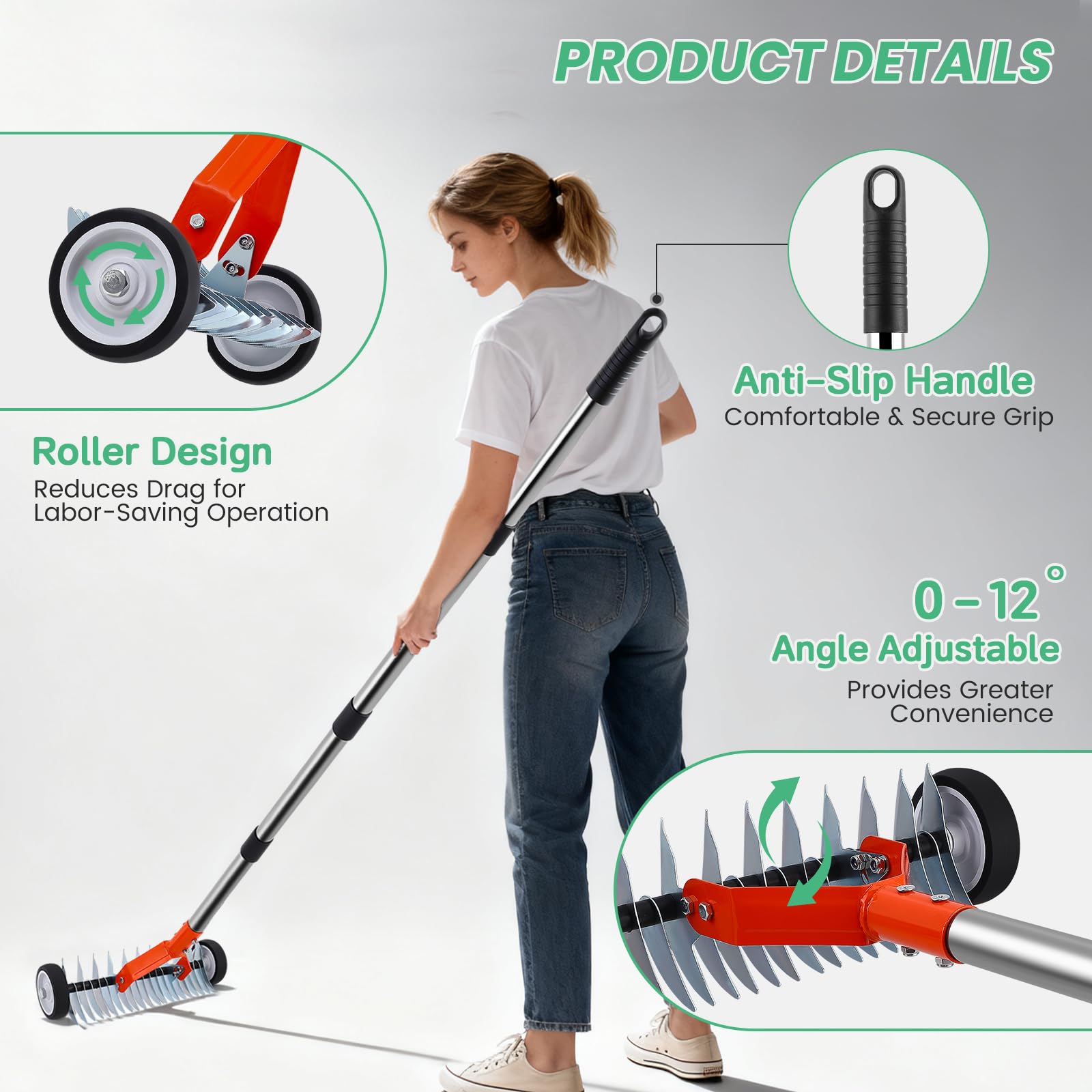Escarificador de mano con ruedas, rastrillo escarificador con mango 166 cm, aireador de césped con ruedas, rueda de metal para jardín, extraíble, rastrillo de escarificador ajustable, rastrillo de