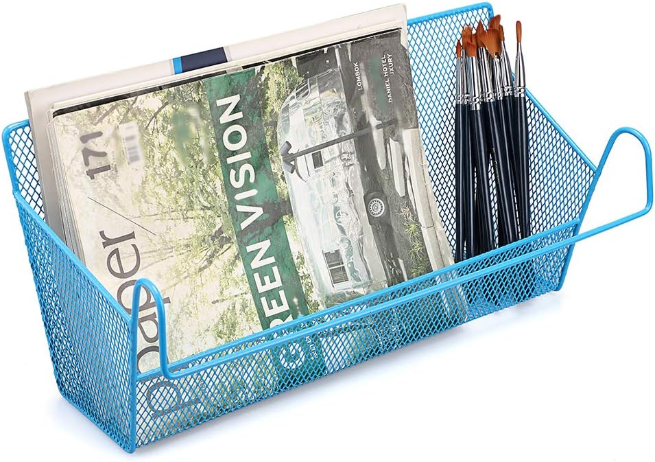 BTSKY Bedside Storage Basket, Dorm Room Bed Storage Basket Metal Mesh Desktop Corner Shelves Hanging Organizer Rack Shelf Bedside for Book Phones Drinks Tissues Office Home with Hook Blue