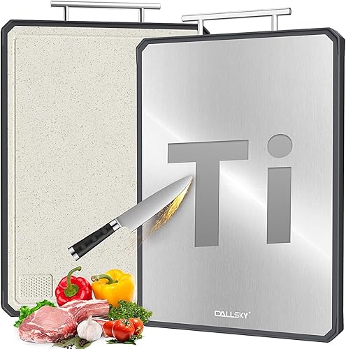 Titanium Cutting Board for Kitchen, Double Sided Non Toxic Titanium Cutting Board with JUICE GROOVE, Food-Grade Metal Chopping Board, Pure Titanium&Wheat Straw PP, Dishwasher Safe16.3”×11”-1 PC