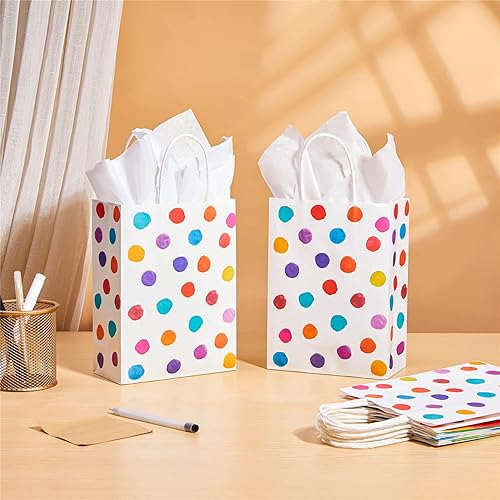 Miniatura 5 de SUNCOLOR Paquete de 24 bolsas pequeñas de 9 pulgadas para regalos de fiesta de cumpleaños, bolsas de regalo con asa (lunares) Negro -,Azul,Estampado