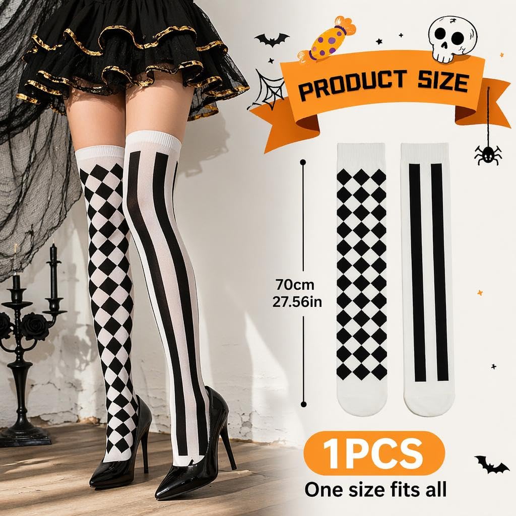Black and White Striped Tights Halloween Clown Patterned Stockings 1 Pair, Over-the-knee Stockings - Image 2