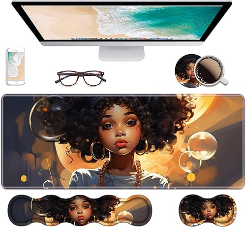 Miniatura 26 de Juego de reposamuñecas ergonómico para teclado y alfombrilla para mouse, alfombrilla grande de escritorio para juegos de 31.5 x 11.8 pulgadas con