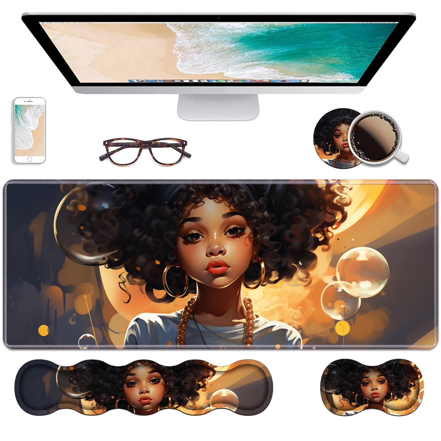 African American Black Girl Pattern Gaming Desk Mat With Coasters - Large 31.5x11.8 Inch Mouse Pad