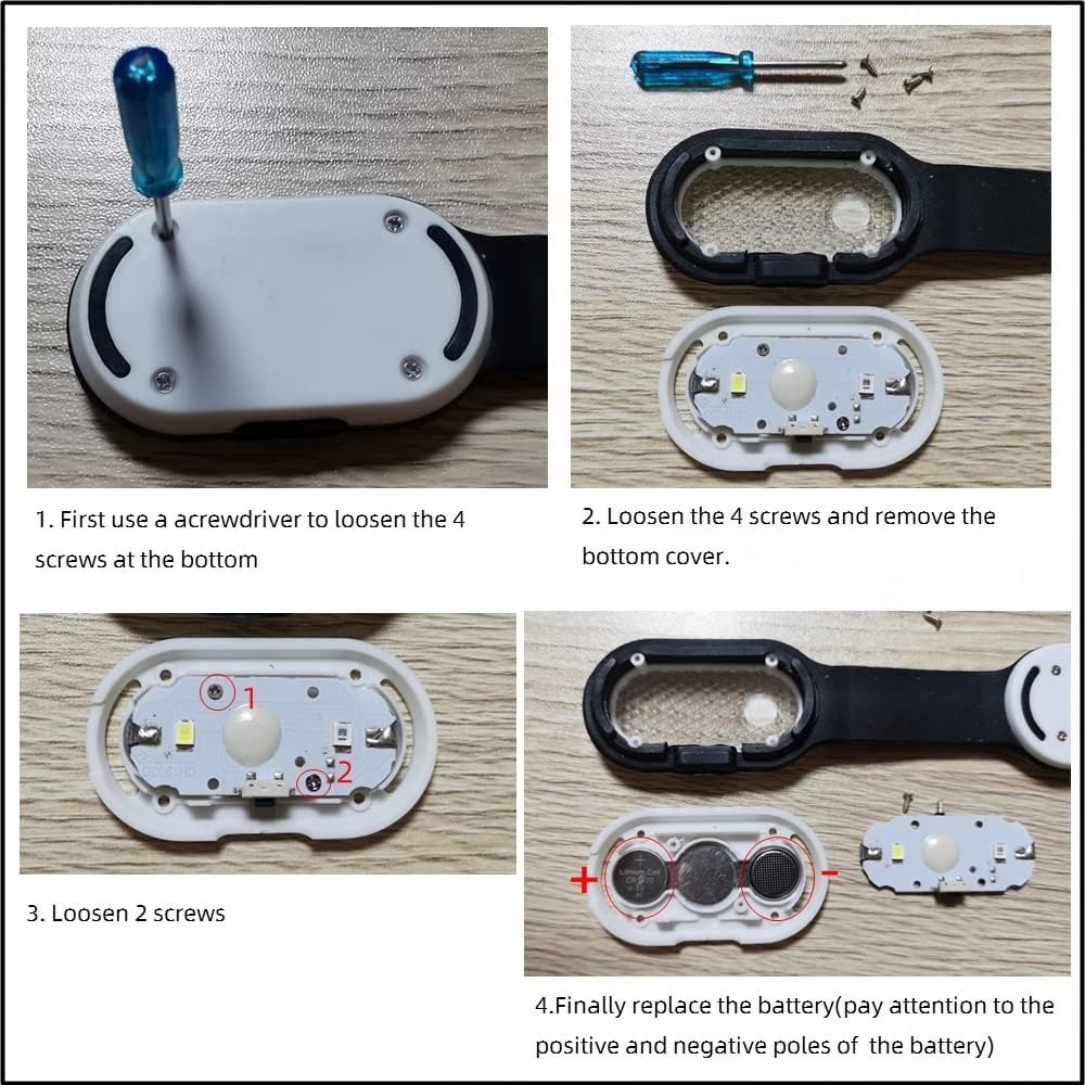 Four-step diagram showing how to replace the batteries in the Alonefire PL400 light using a screwdriver.