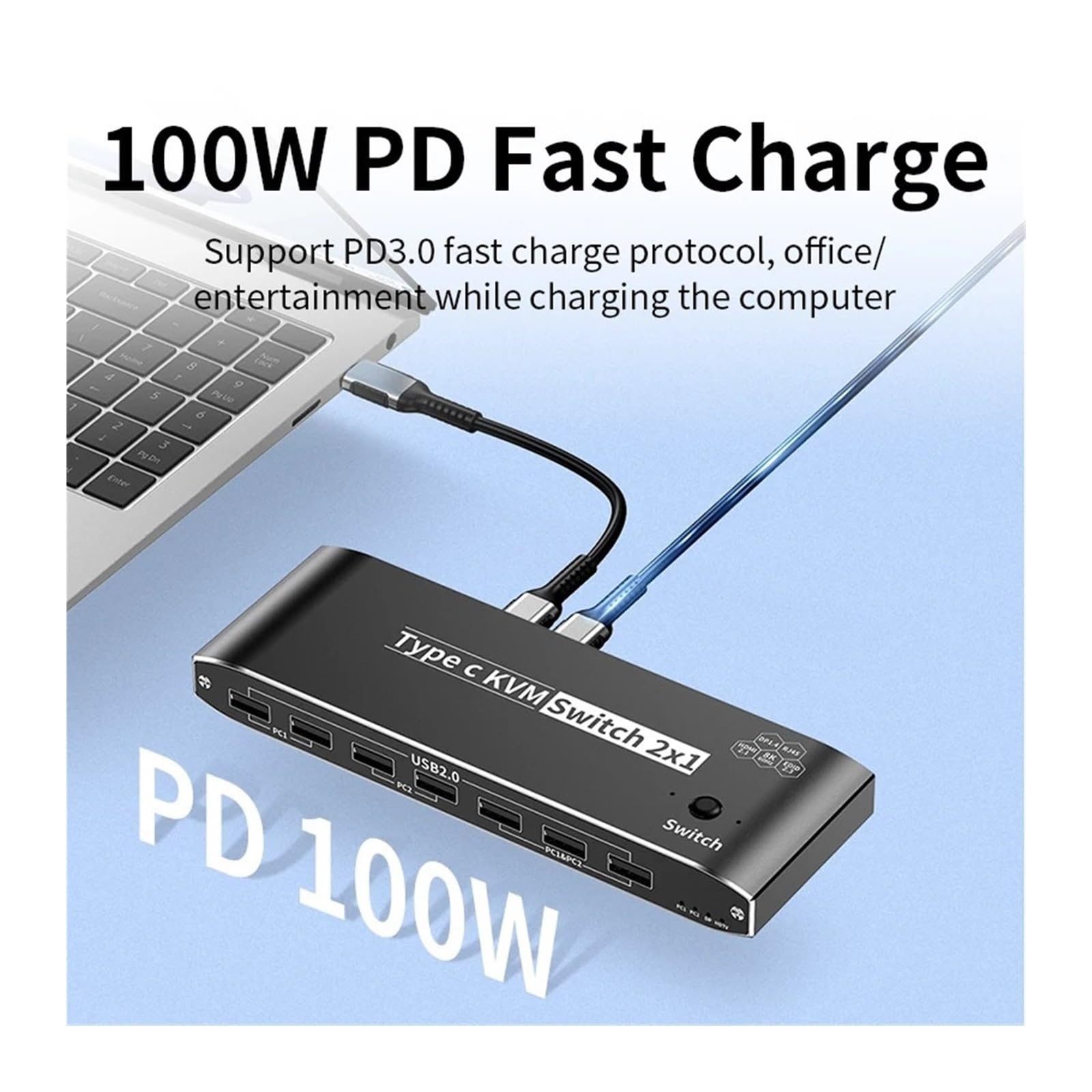 Commutateur vidéo, Commutateur KVM USB C vers HMI DP 3500 W 8K 4K 120 Hz avec port réseau RJ45 PD 100 Charge for 2 PC 1 moniteur TV