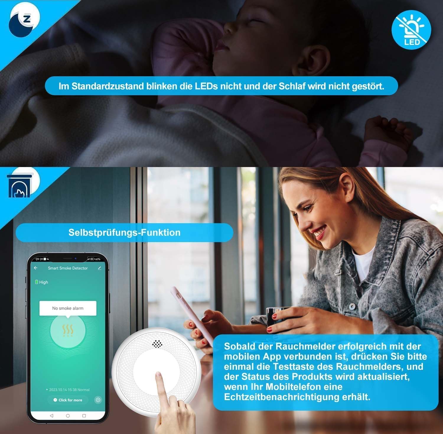 Safeliveo Rauchmelder WLAN 10 Jahre Batterie mit App Benachrichtigung, Stummschaltung und Selbsttest Funktion ，Entspricht DIN EN 14604(Kompatibel mit Tuya/Smart Life APP)-5 Stück