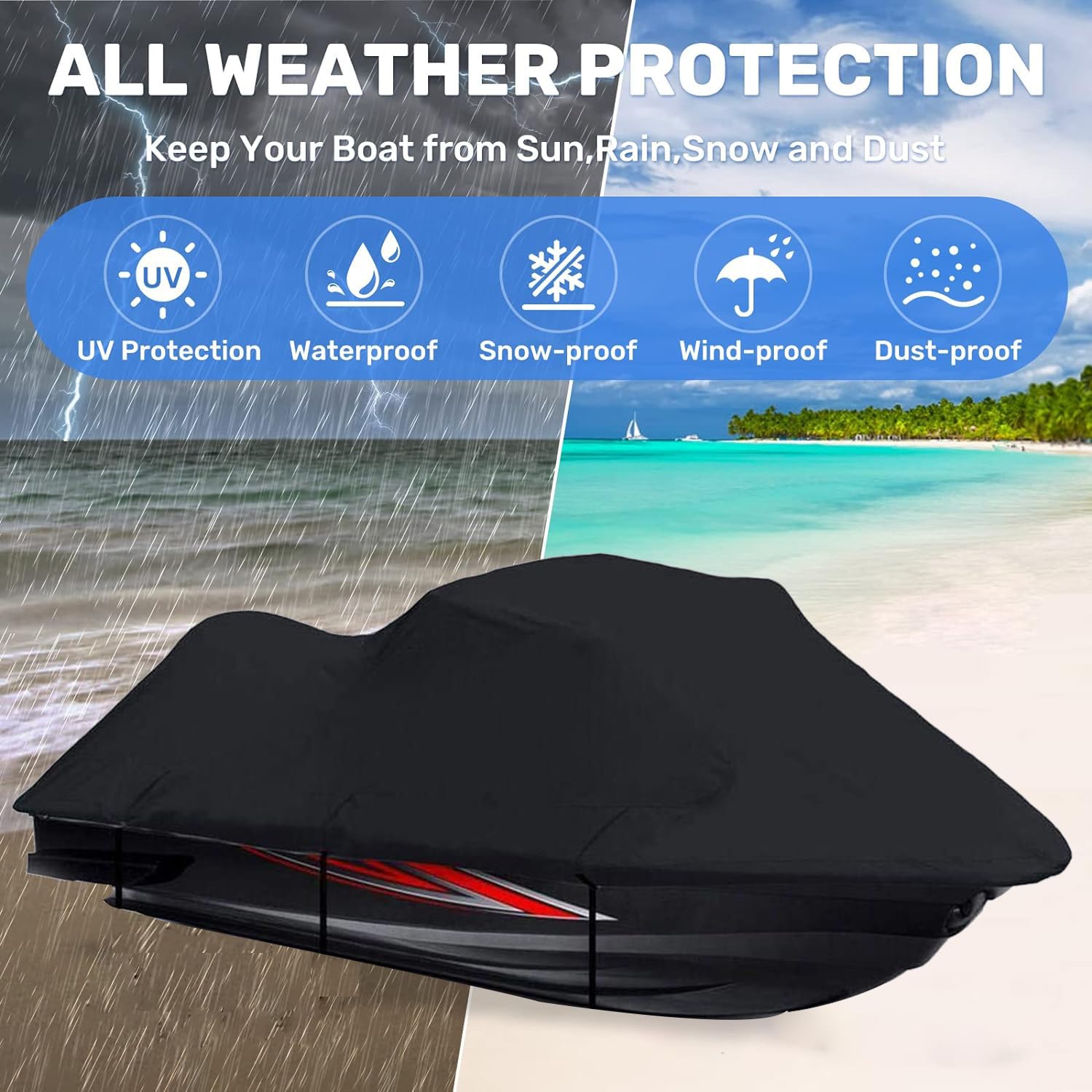 FBKPHSS Housse Jet Ski Bateau, Housse Étanche Poussière Protection Anti-UV Contre Soleil Stockage 600D Housse De Bateau pour Yamaha Sea-Doo Kawasaki Jusqu'à,136""~145""(3 Seater)