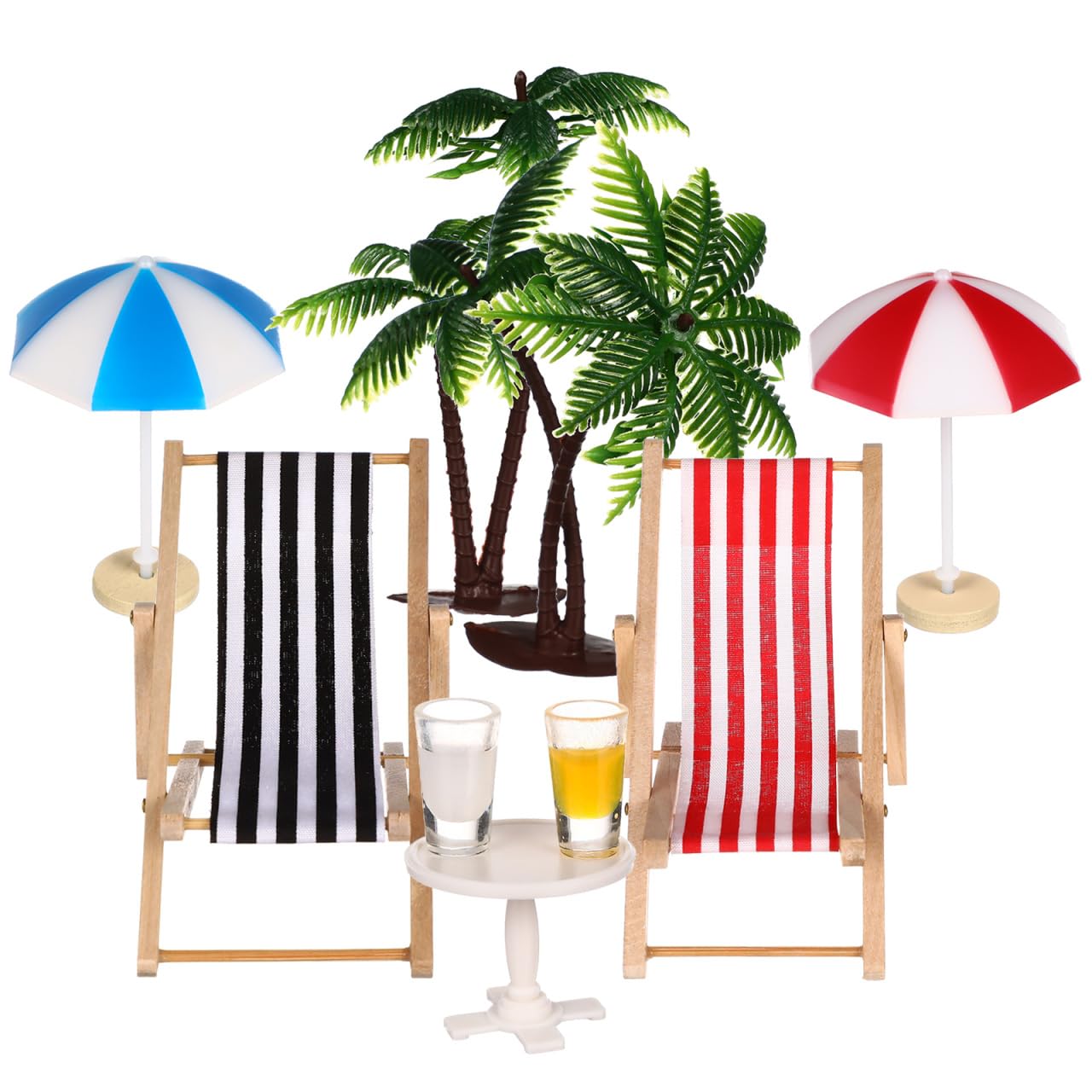 Milisten Miniature Beach Set for Dollhouse - Fairy Garden Accessories with Palm Trees, Deckchairs, Parasols & Coffee Table - DIY Micro-Landscape Decor