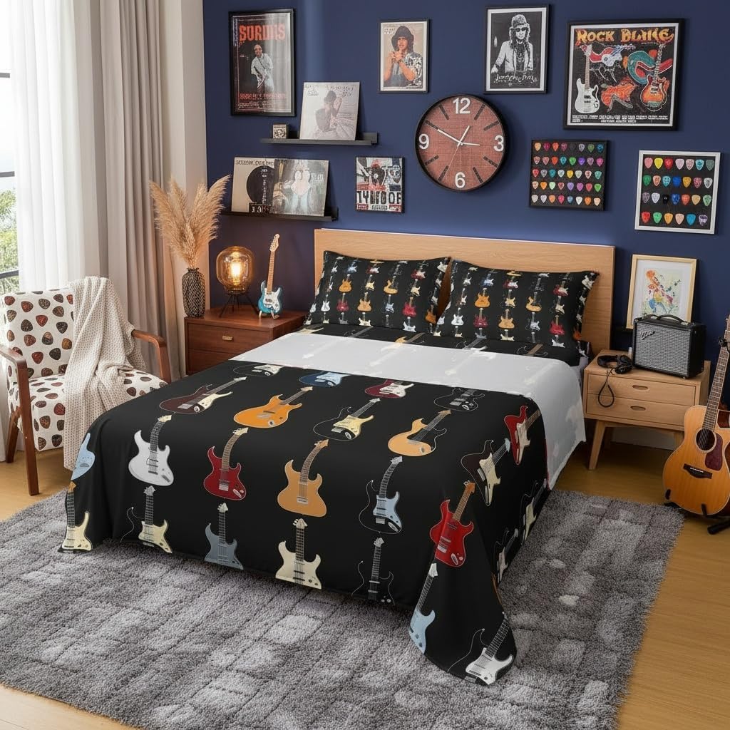 Manfei Colorful Guitar Fitted Sheet Set Full Size 4 Pcs,Musical Instruments Artistic Guitars Teens Sheets,Rock Bass Music Lovers Bedding Sets (1 Fitted,1 Flat,2 Pillowcases),Black