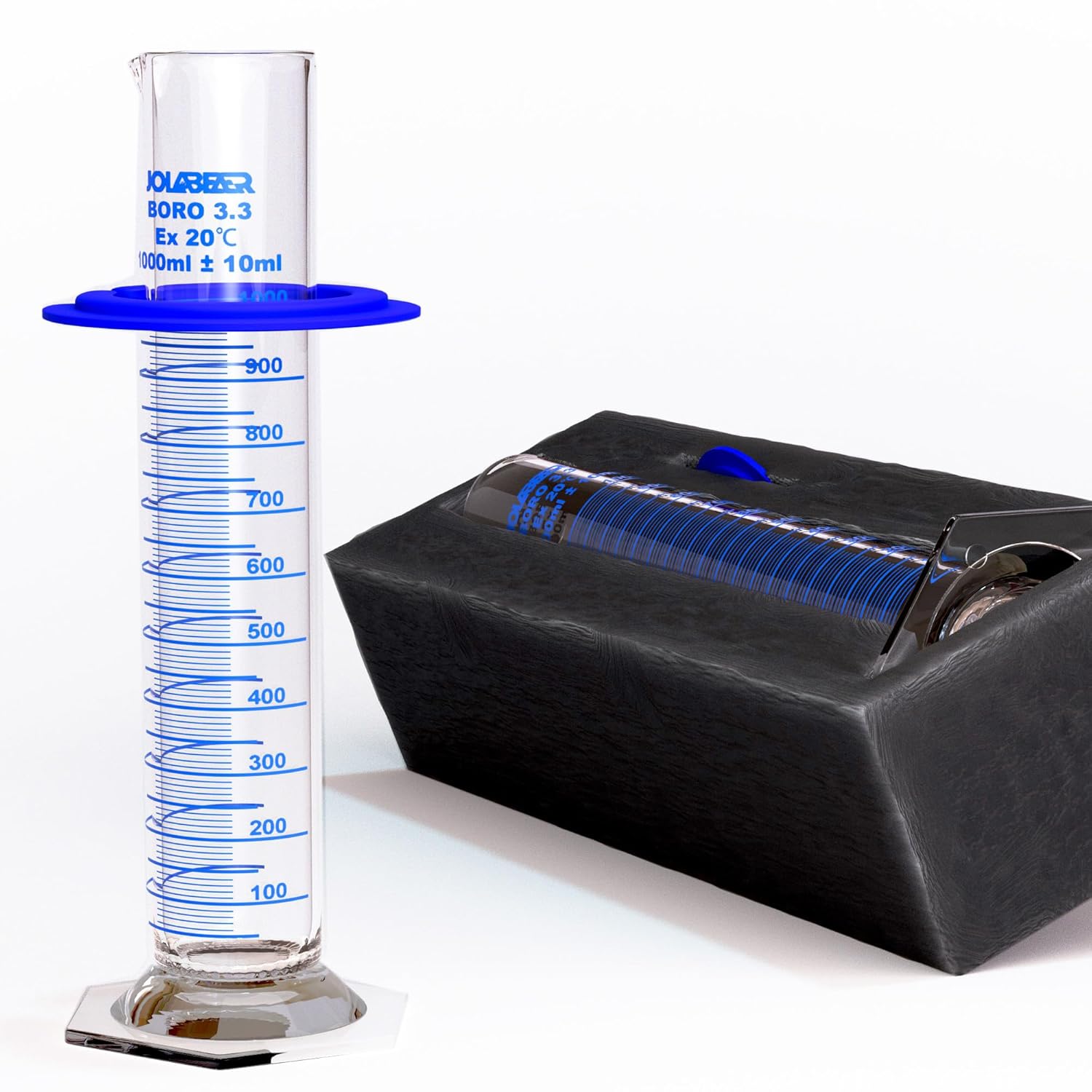Graduated Cylinder 1000ml, Borosilicate 3.3 Glass Single Pack with Anti-Tip Ring, EVA Foam Secured, ISO/ASTM Compliant, Hexagonal Base