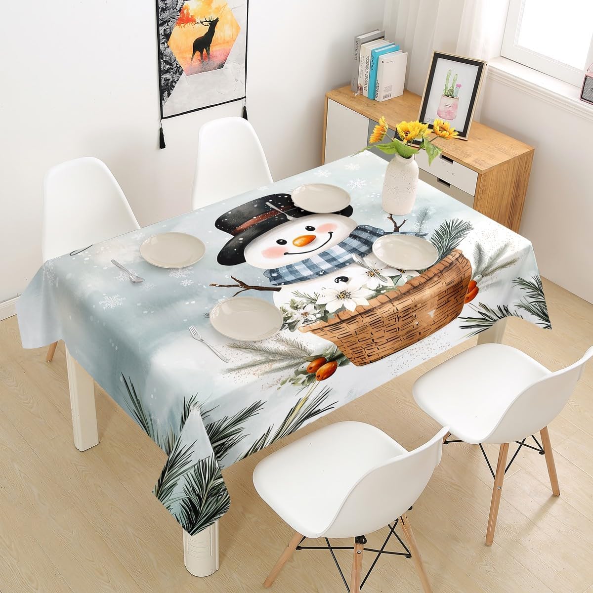 Tovaglia Antimacchia Rettangolare Simpatico Pupazzo di Neve, Tovaglie da Tavolo Impermeabile Poliestere Inverno 3D, per Natalizia Cucina Feste Giardino, 200x200 cm A/B2552