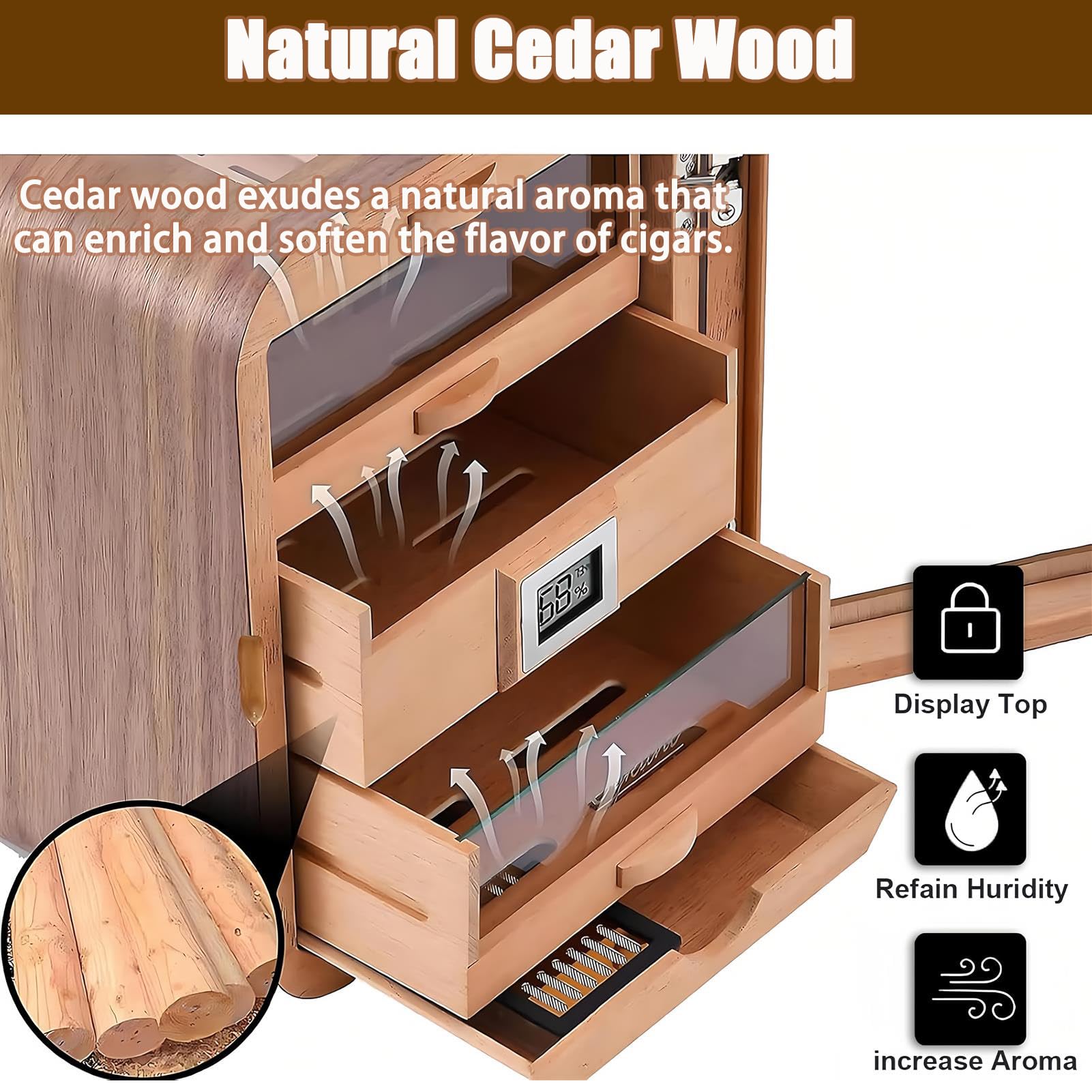 Humidificador de madera de cedro con higrómetro digital con parte superior de cristal, 4 cajones de gran capacidad de almacenamiento, 110 unidades, regalo de lujo para hombres