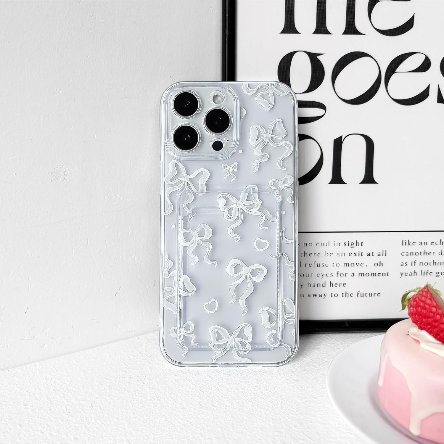 NITITOP Compatible with iPhone 15 Pro Max Case Clear with Card Holder Cute Bow Knot Pattern for Women Girls Bowknot Ribbon Soft TPU Shockproof Wallet Case Protective Phone Cover - White - Image 6